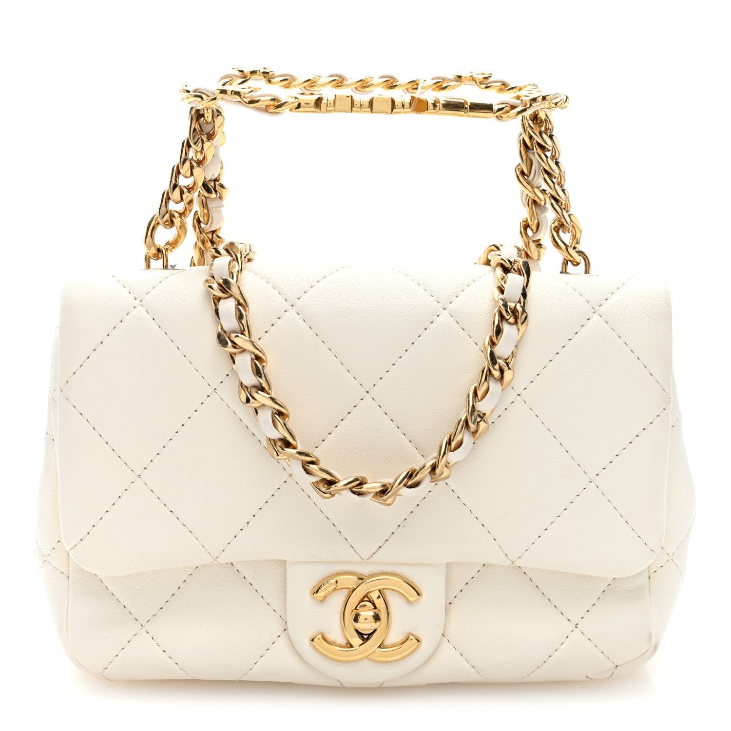 Chanel Lambskin Metal Quilted Mini Top Handle Square Flap White