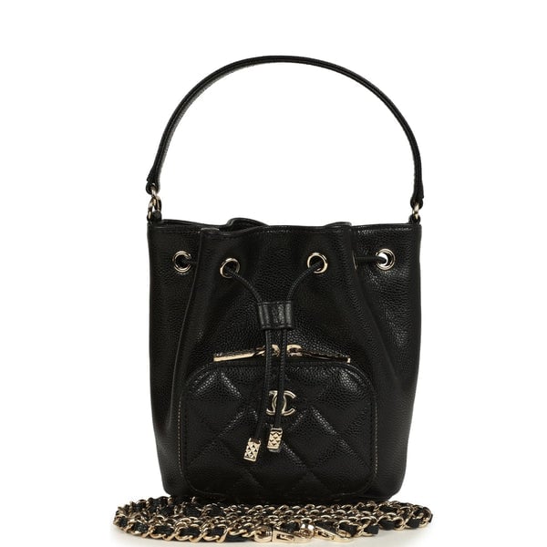 Chanel Chanel Mini Top Handle Bucket Bag with Chain Black Shiny Caviar Light Gold Hardware