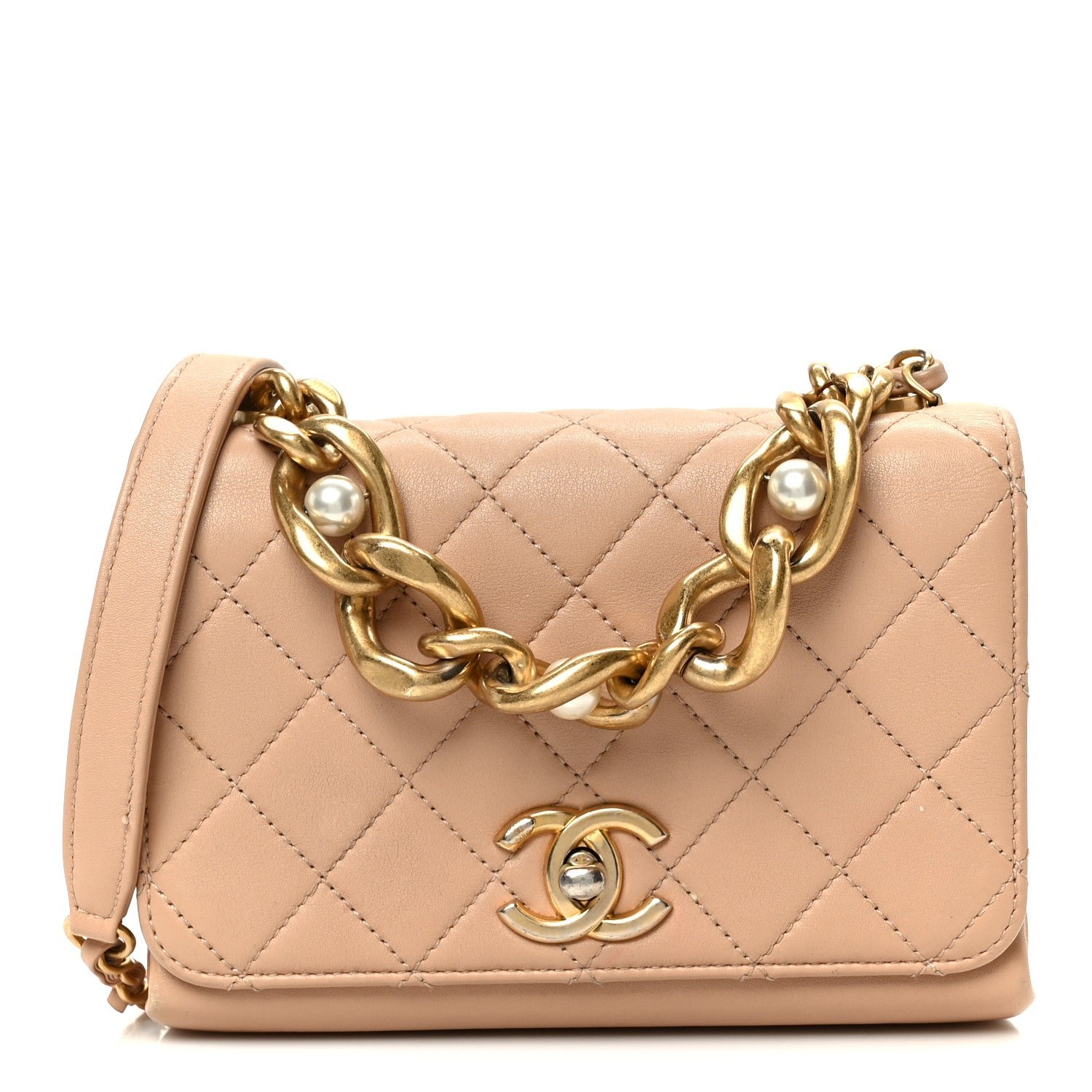 Chanel Calfskin Quilted Pearl Jewel Chain Flap Beige