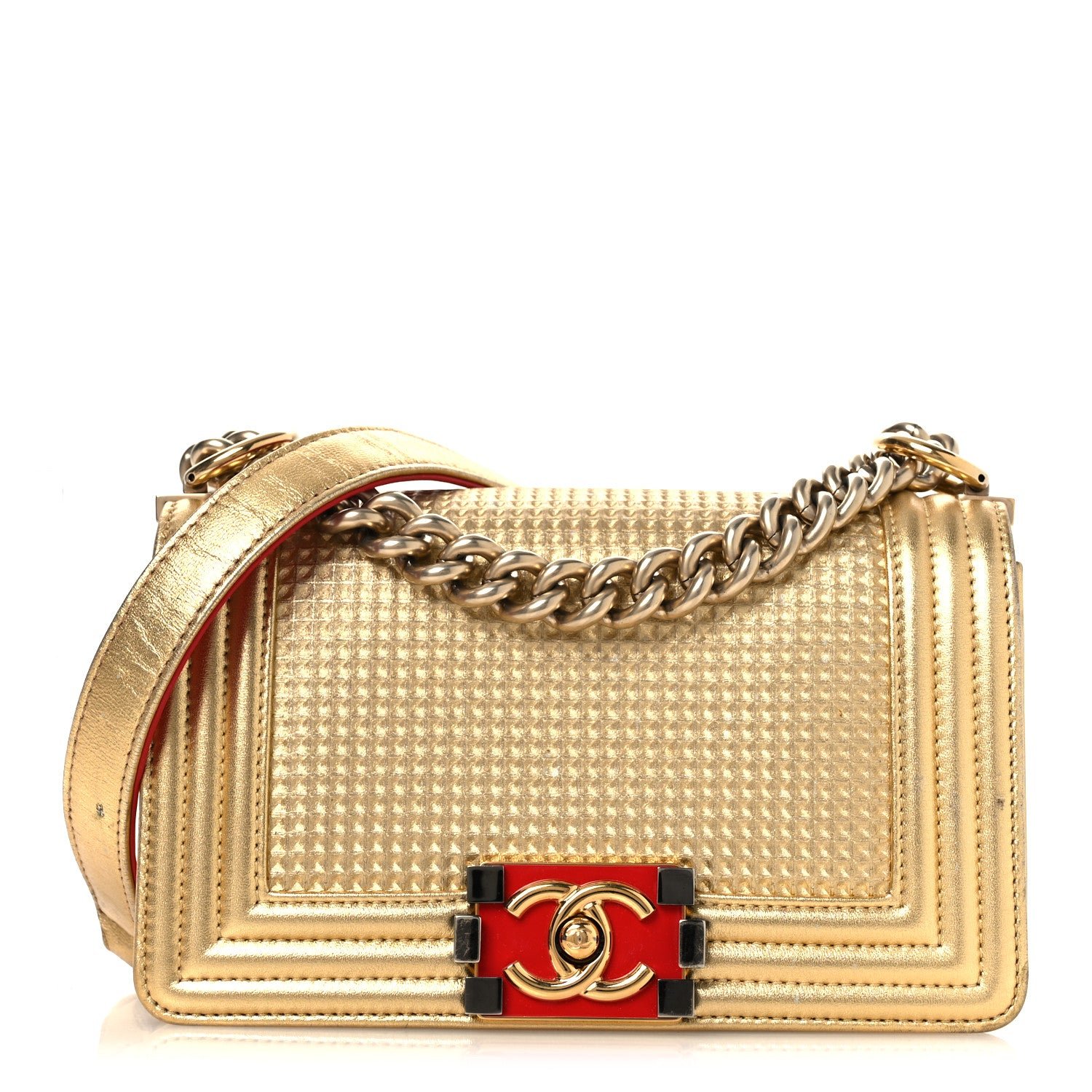 Chanel Metallic Lambskin Embossed Small Cube Boy Flap Gold