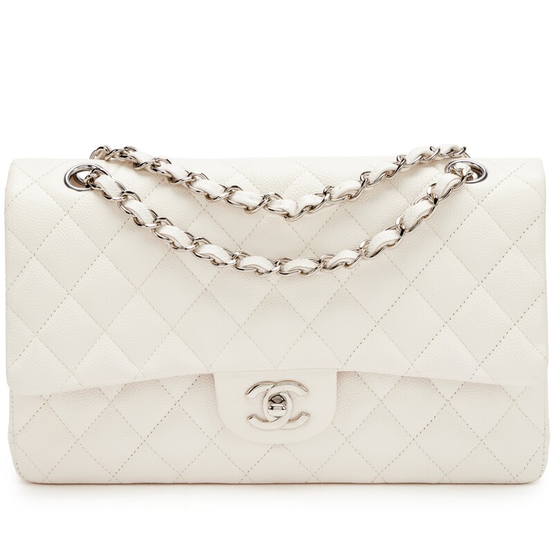 Ivory White Quilted Caviar Medium Classic Double Flap Bag Silver Hardware, 2021