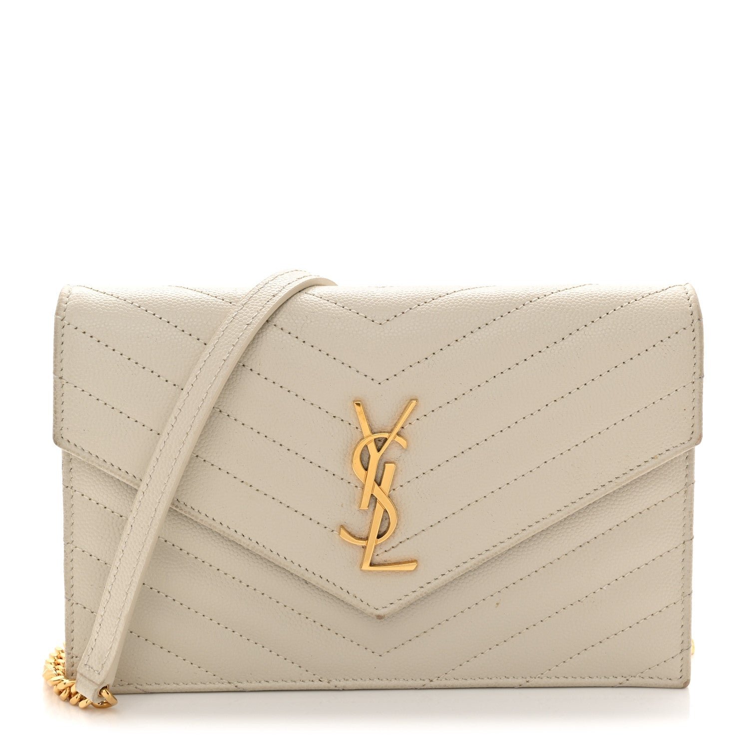 Saint Laurent Grain De Poudre Matelasse Chevron Monogram Envelope Chain Wallet Crema Soft