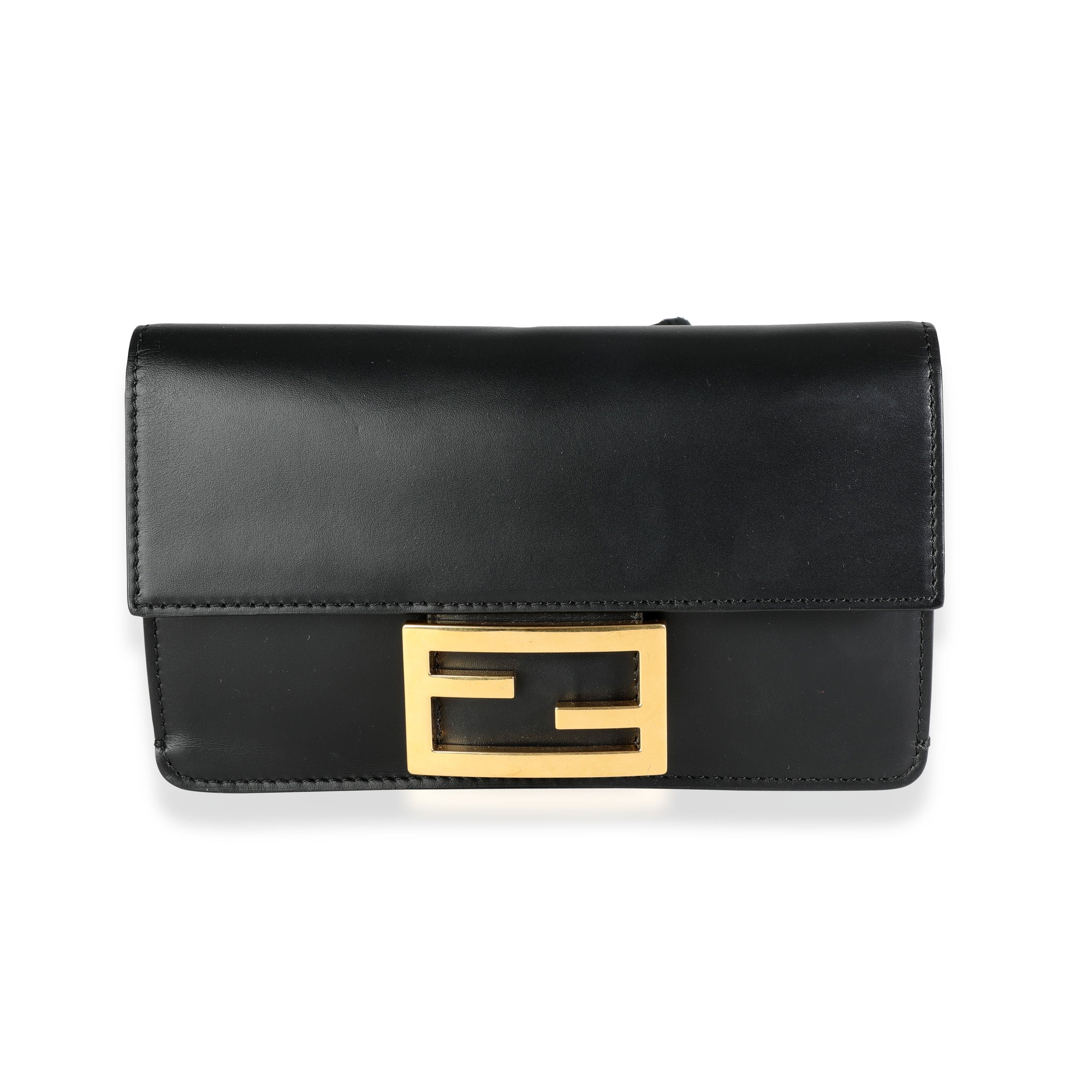 Fendi Black Calfskin Mini Flat Baguette with Strap