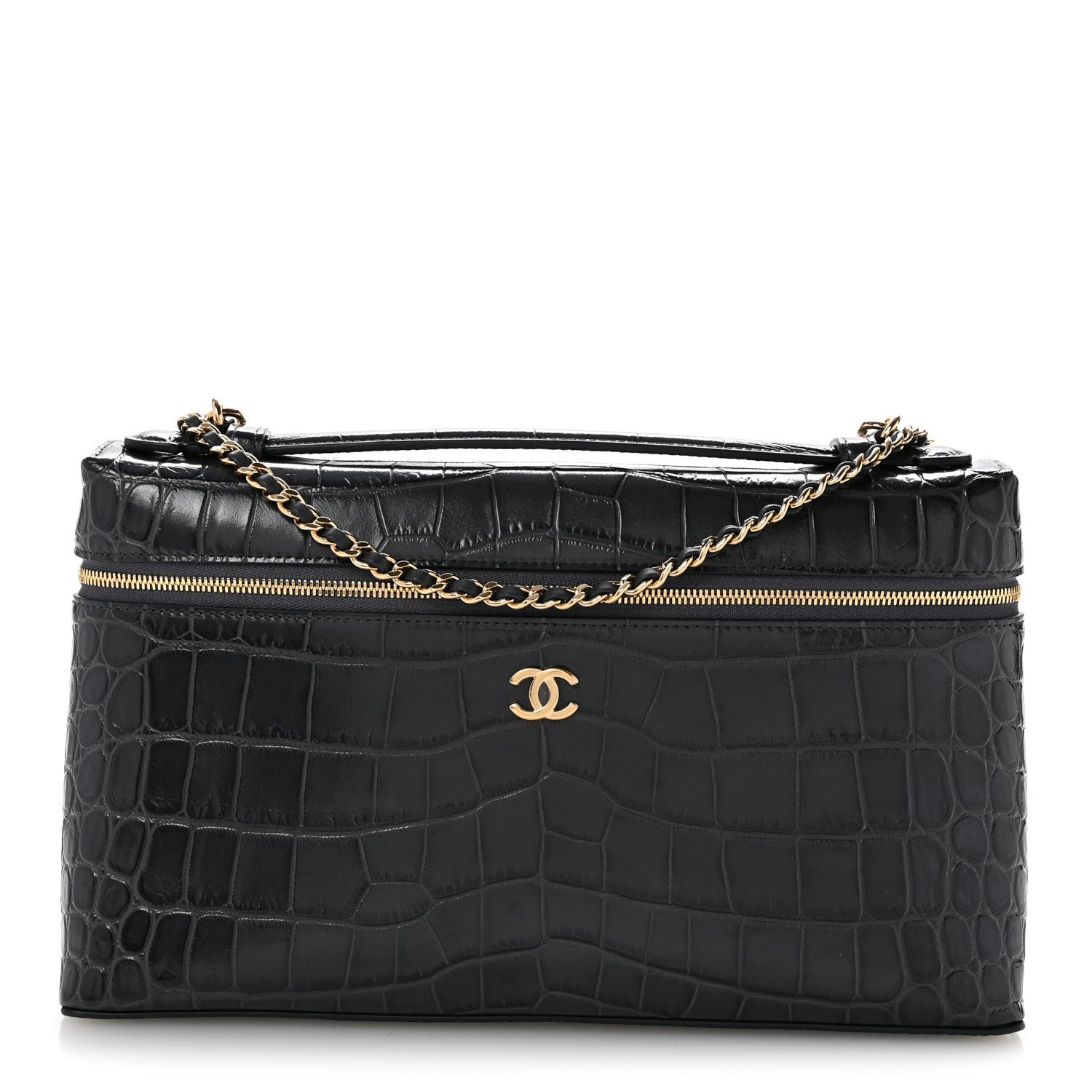 Chanel Calfskin Crocodile Embossed Exoticoco Large Supple Trapeze Vanity With Chain Grey