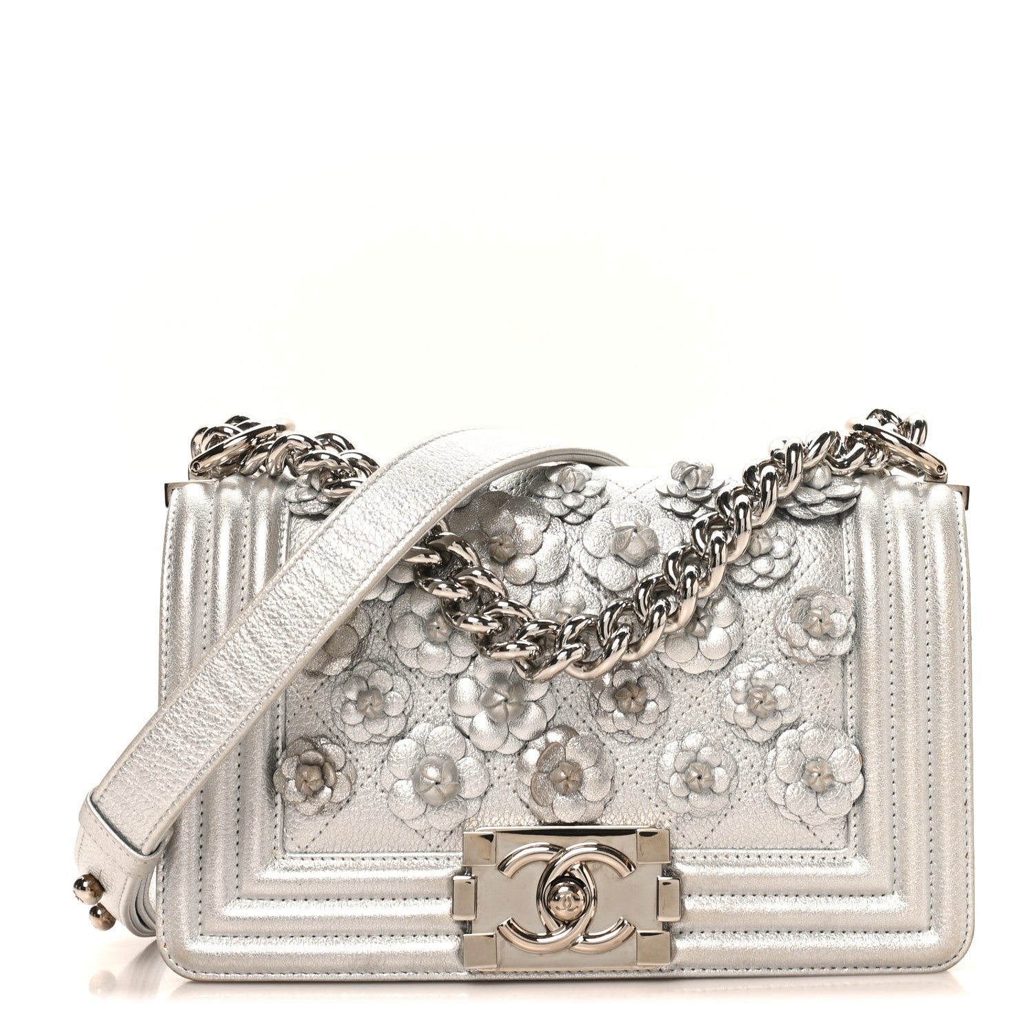 Chanel Metallic Calfskin Camellia Quilted Small Boy Flap Silver