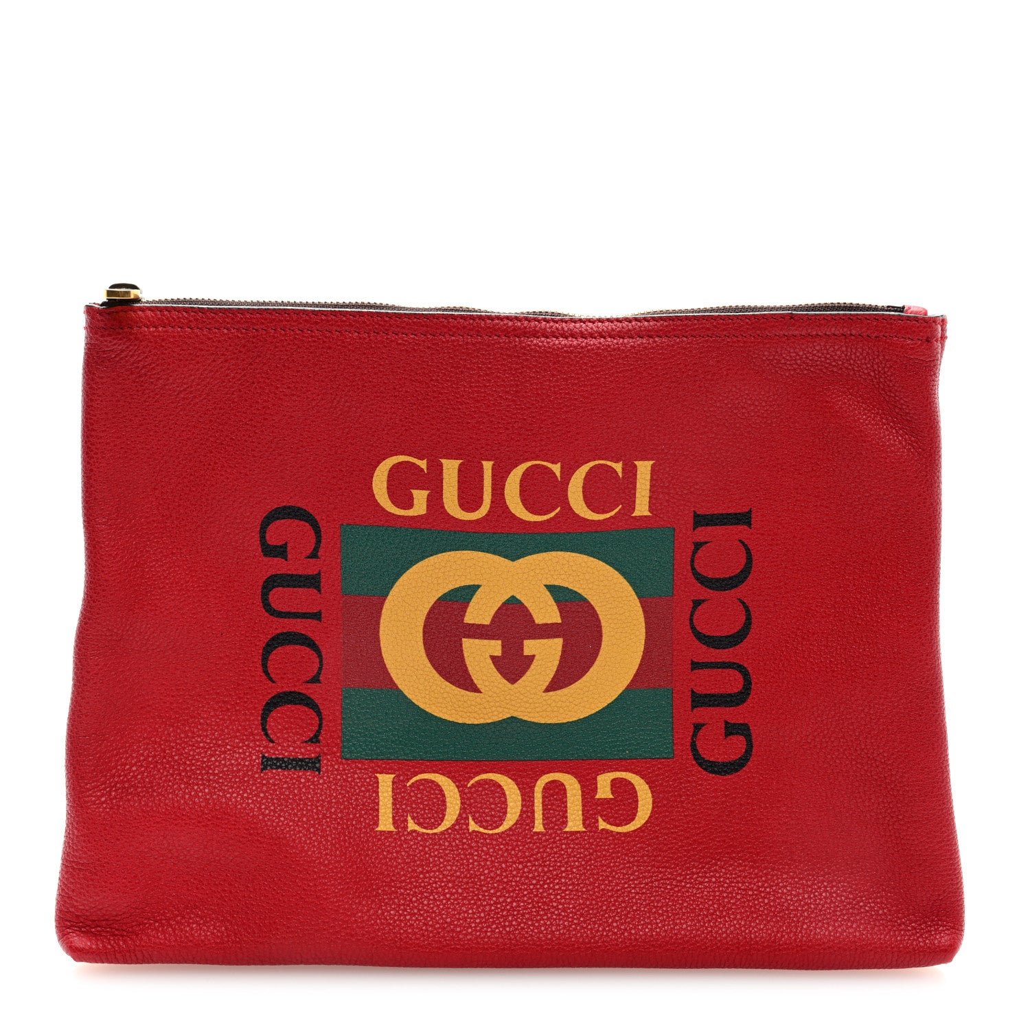 Gucci Pebbled Calfskin Medium Logo Portfolio Clutch Hibiscus Red