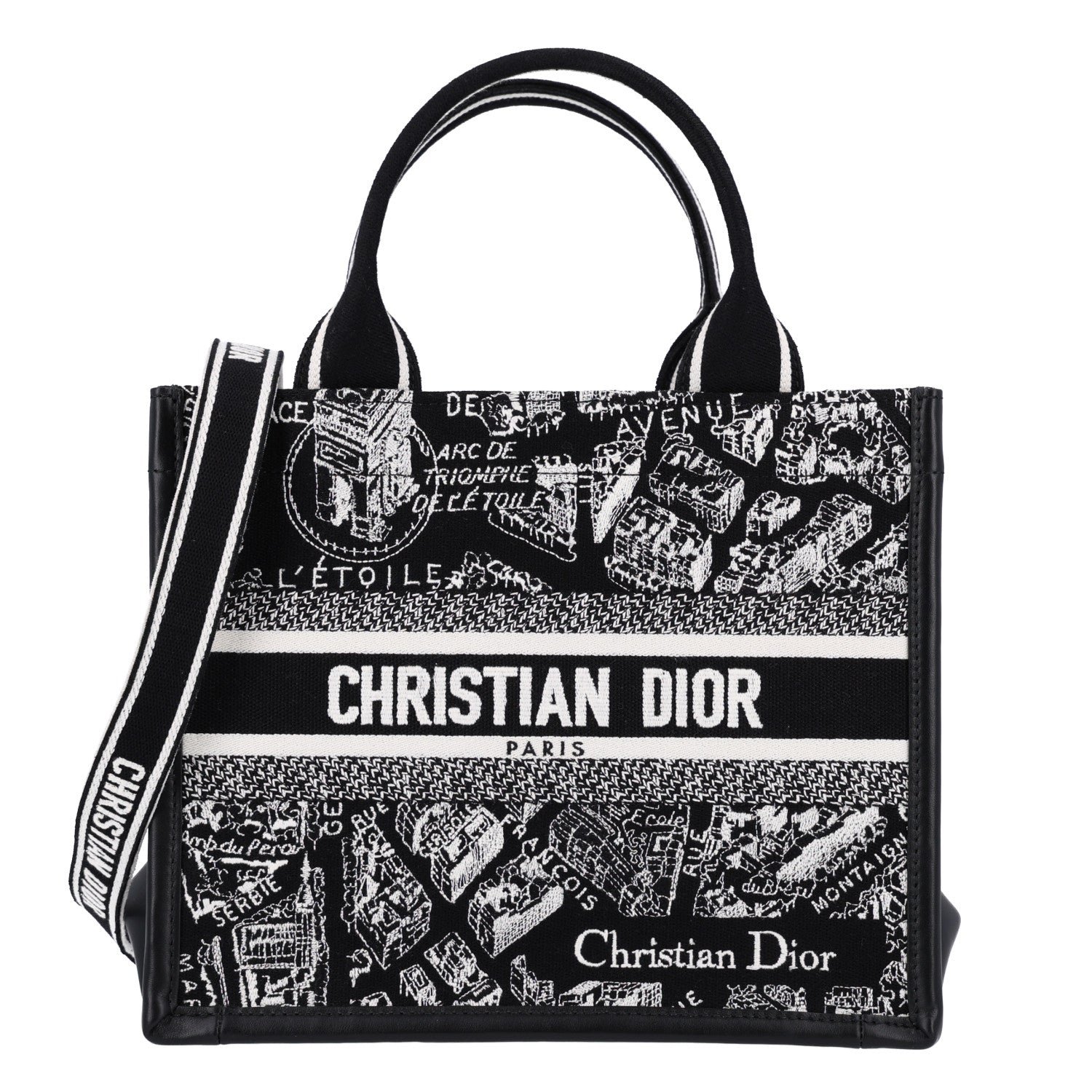 Christian Dior Canvas Calfskin Embroidered Small Plan De Paris Book Tote With Strap Black White