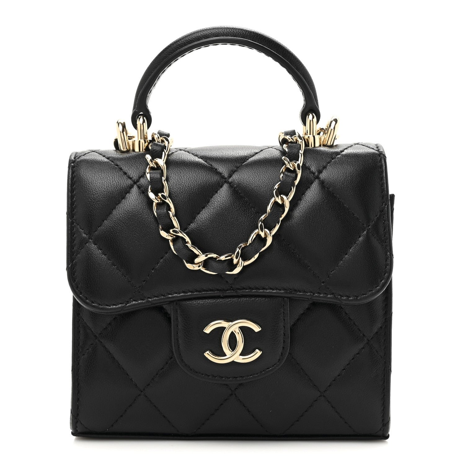 Chanel Lambskin Quilted Top Handle Flap Clutch With Chain Black