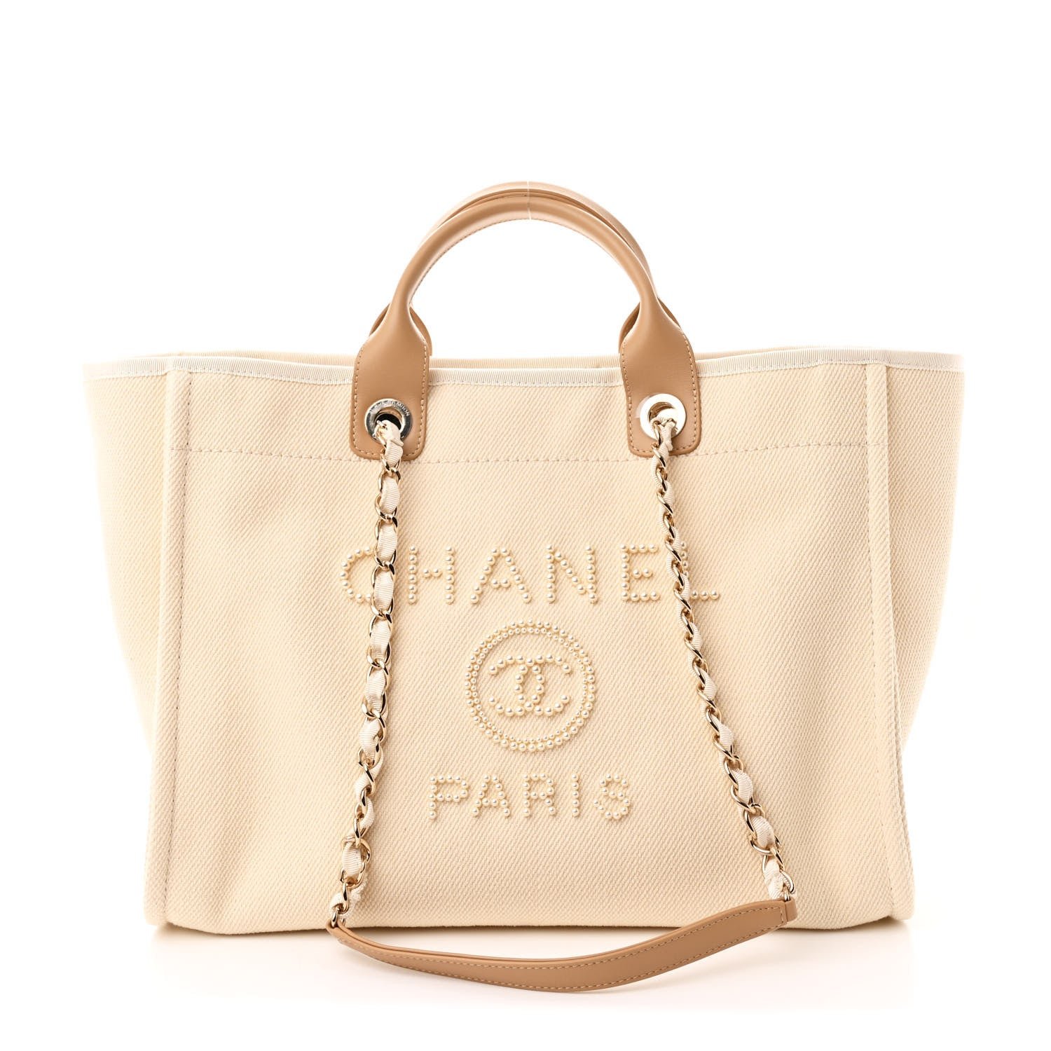 Chanel Canvas Pearl Medium Deauville Tote Ecru Beige