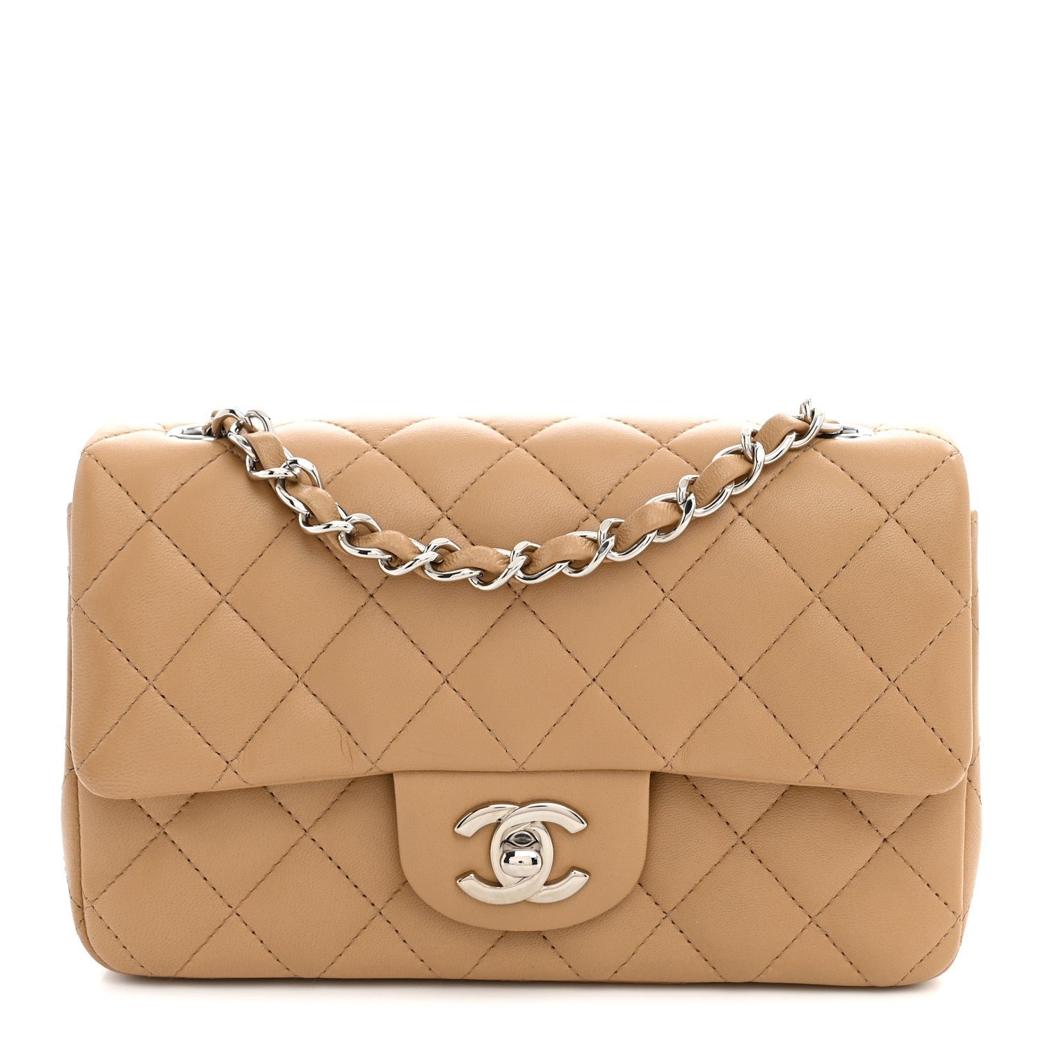 Chanel Lambskin Quilted Mini Rectangular Flap Dark Beige