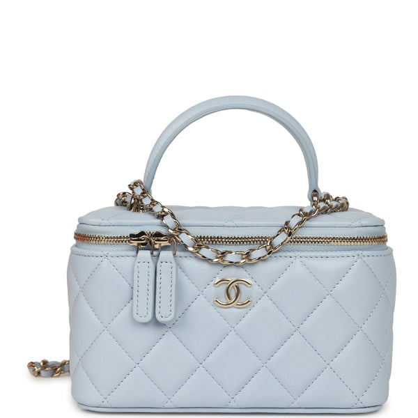 Chanel Small Classic Top Handle Vanity Case Light Blue Lambskin Light Gold Hardware