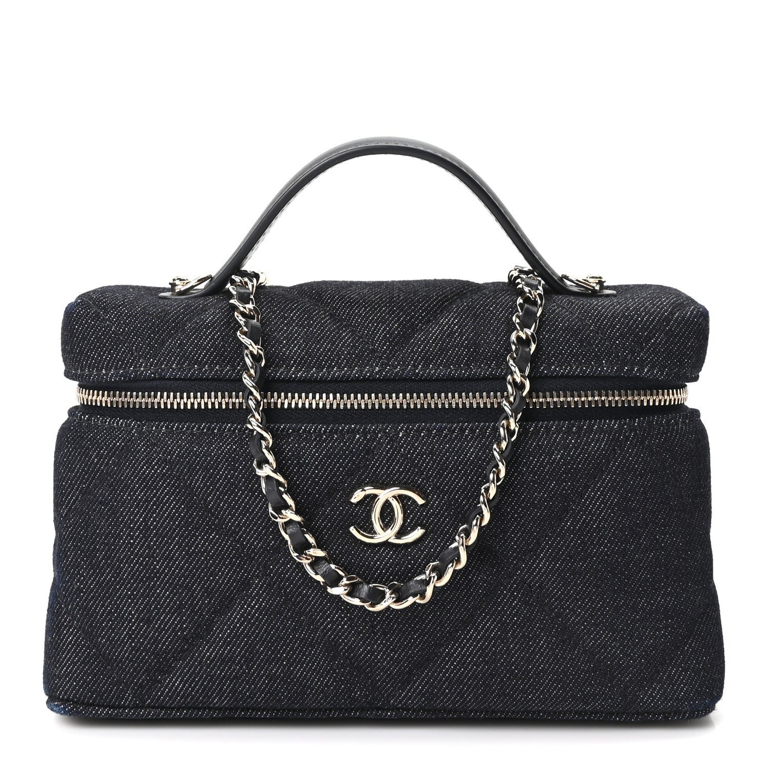 Chanel Denim Quilted Top Handle Slim Vanity Case With Chain Dark Blue