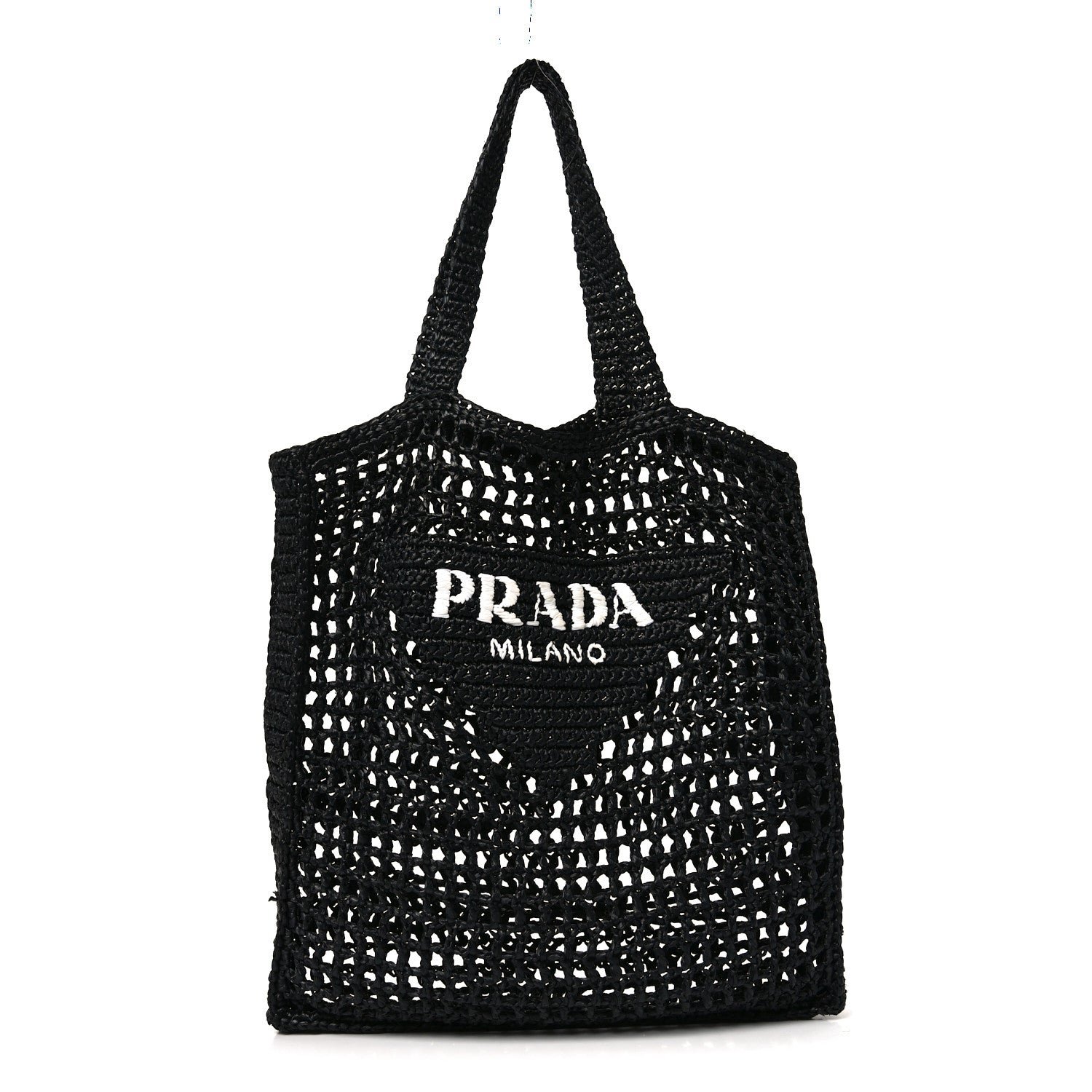 Prada Yarn Raffia Effect Crochet Logo Embroidered Tote Bag Black