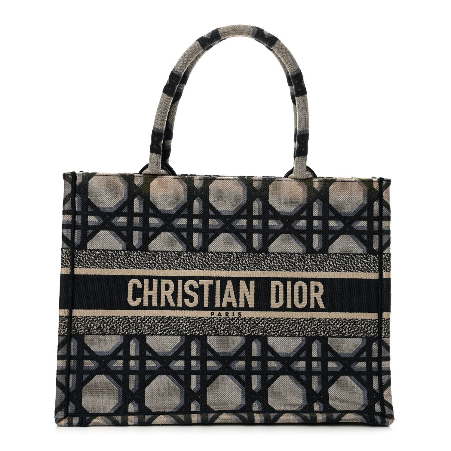 Christian Dior Canvas Macrocannage Embroidered Medium Book Tote Beige Blue