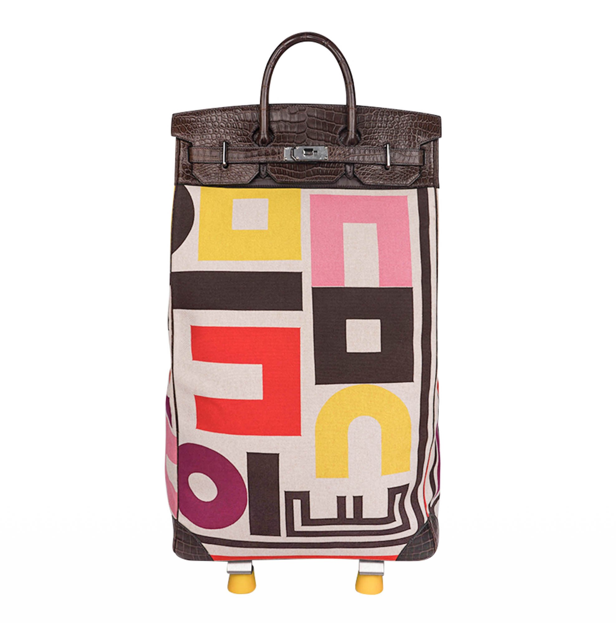 Hermes Hermes Roule Shopping Cart Roller Matte Havane Porosus Crocodile and Multicolored Toile Birkin Bag