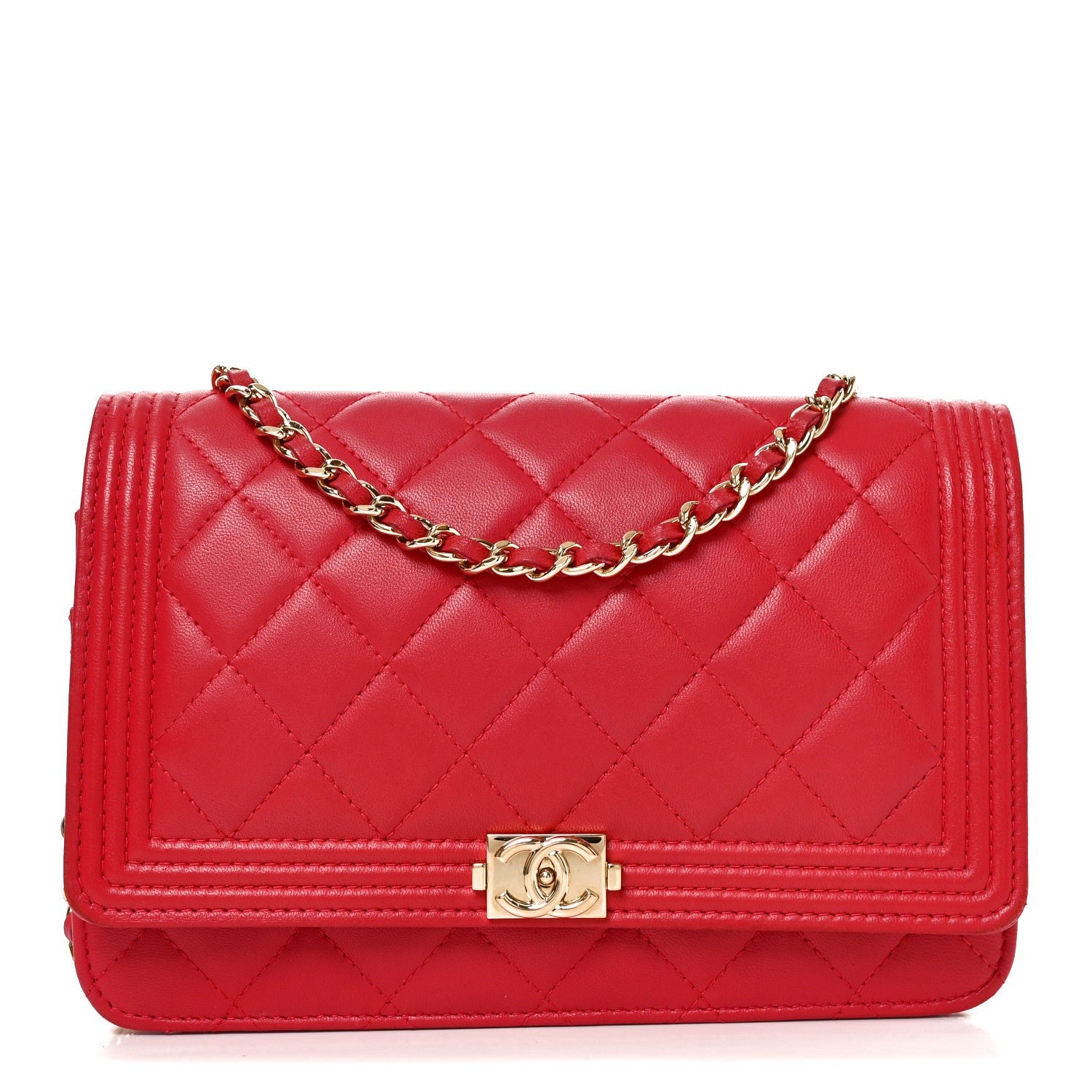 Chanel Lambskin Quilted Boy Wallet On Chain WOC Red