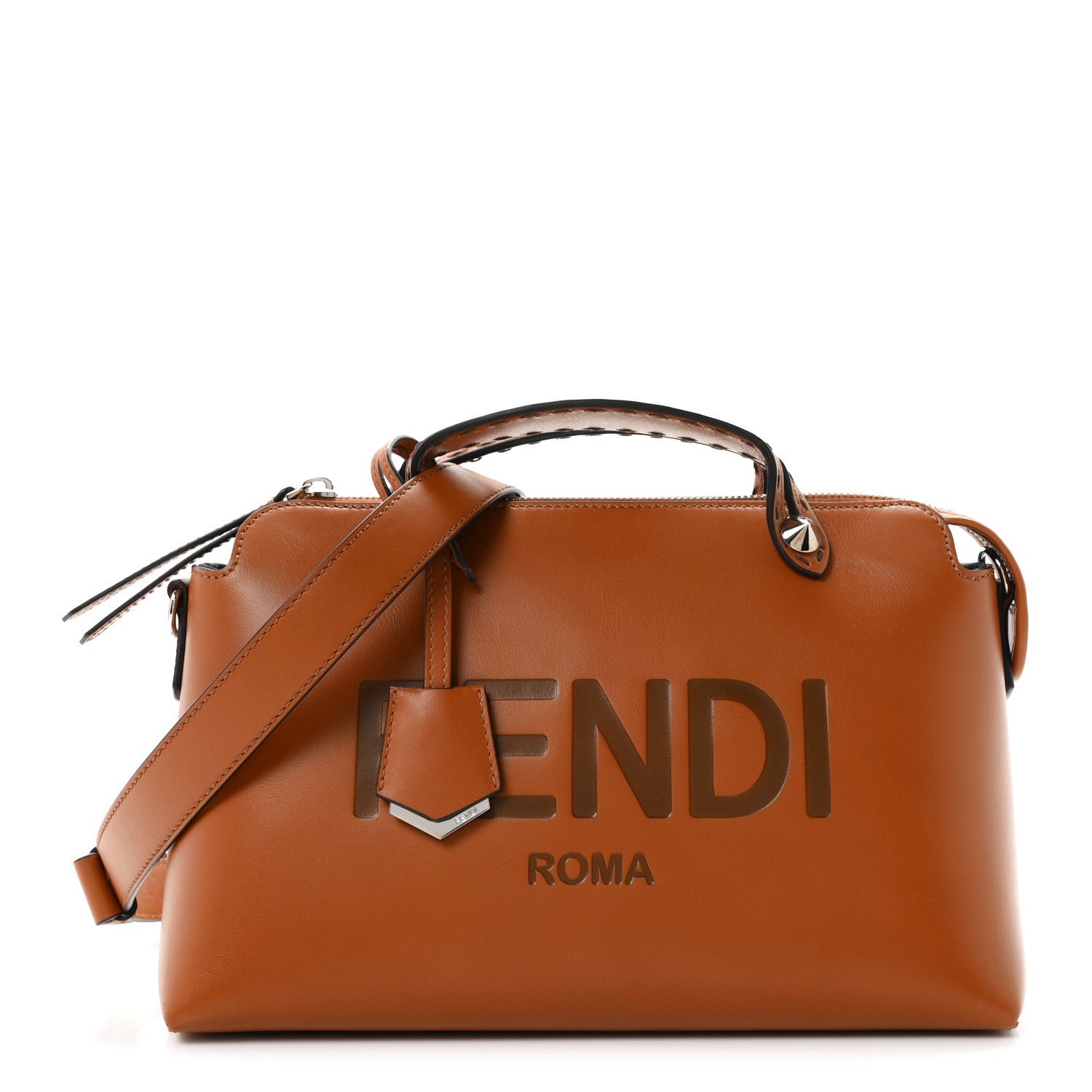Fendi Vitello King Logo Embossed Medium By The Way Boston Bag Cuoio