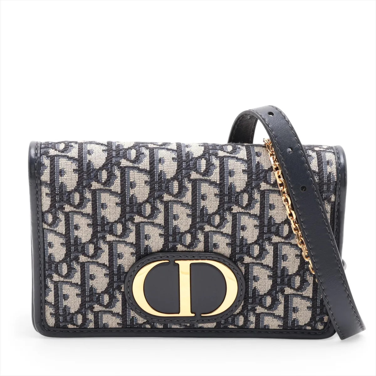 Christian Dior Montaigne 30 Canvas & Leather Chain Shoulder Bag Navy Blue