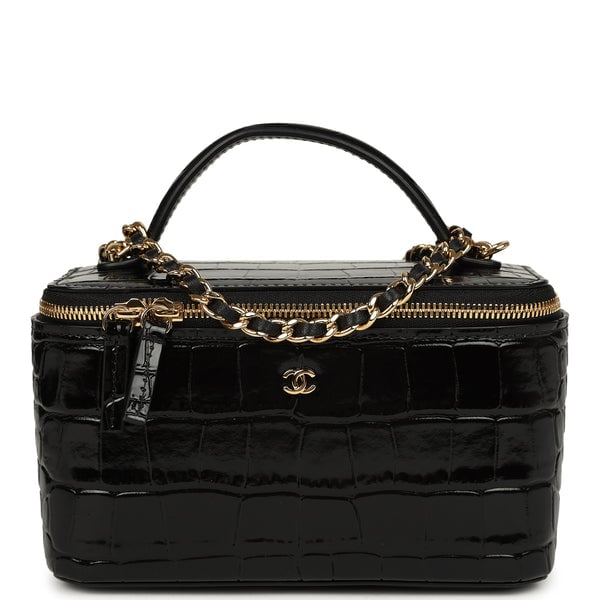 Chanel Small Top Handle Vanity Case Black Croc Embossed Calfskin Gold Hardware