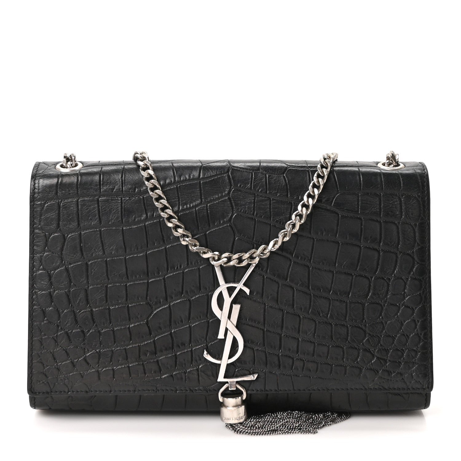 Saint Laurent Calfskin Crocodile Embossed Medium Classic Monogram Kate Tassel Satchel Black