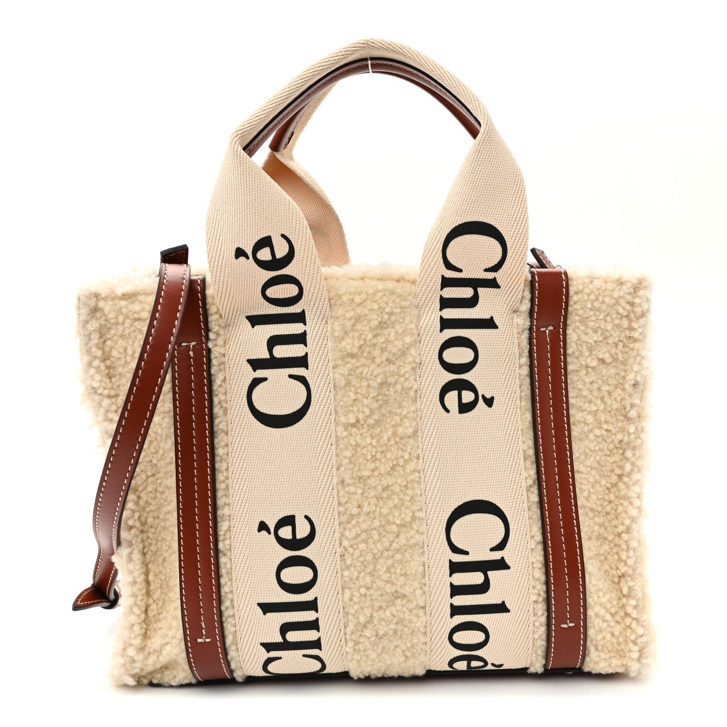Chloe Shearling Calfskin Small Woody Ribbon Tote With Strap Mild Beige