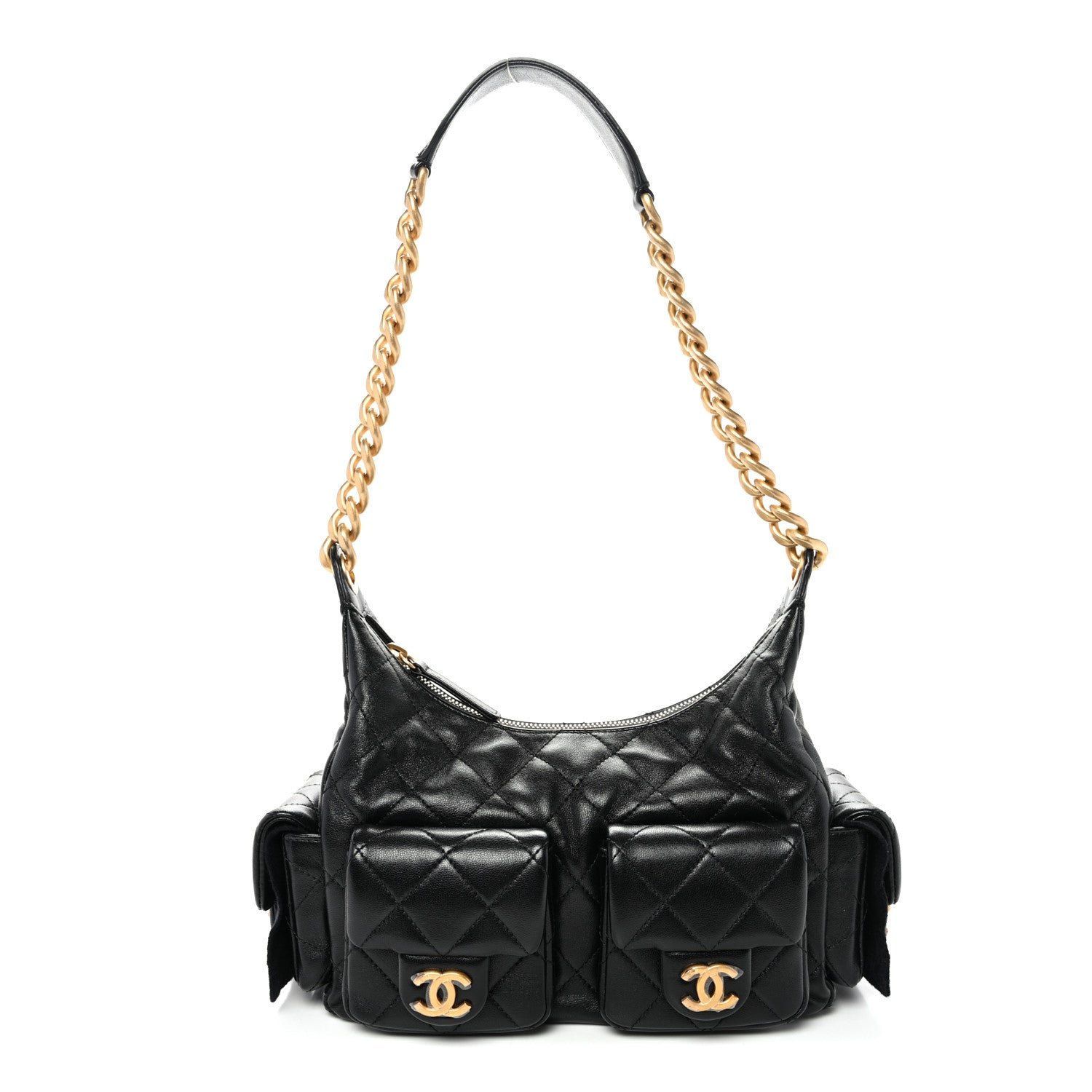 Chanel Shiny Lambskin Quilted Trendy Pockets Hobo Black