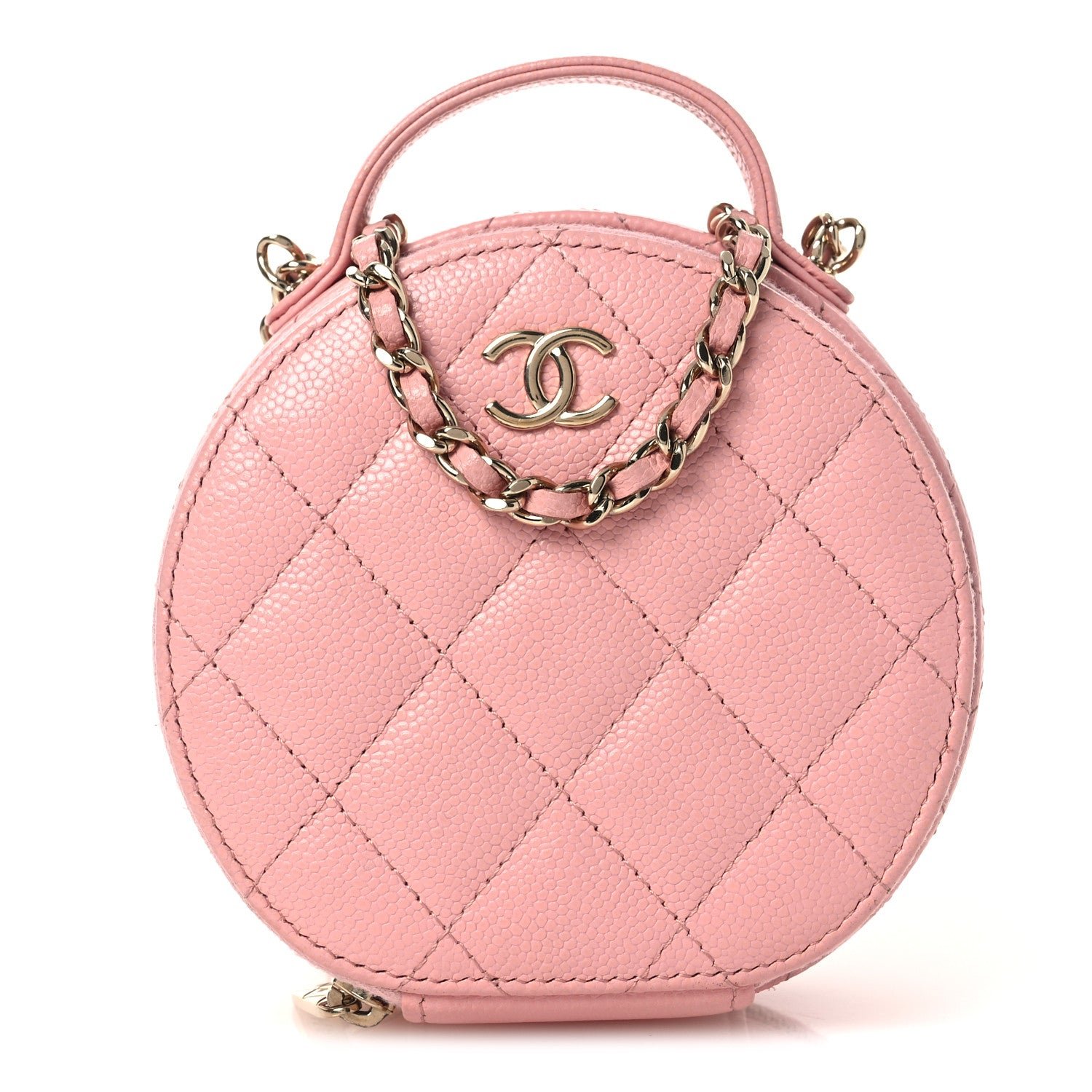 Chanel Caviar Quilted Round Handle With Care Vanity With Chain Pink