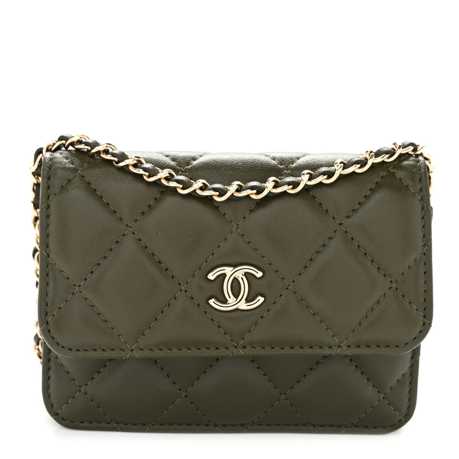 Chanel Lambskin Quilted Clutch With Chain Green