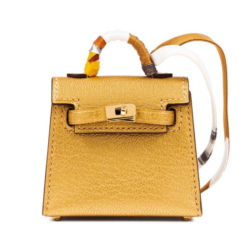Hermes Doré Chèvre Chamkila Micro Mini Kelly Twilly Bag Charm Permabrass Hardware, 2024