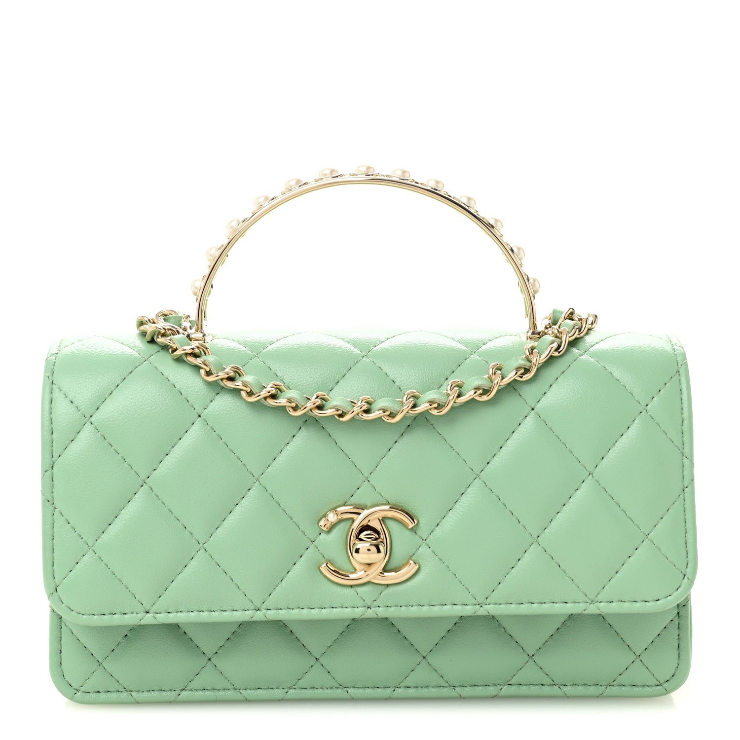 Chanel Lambskin Quilted Pearl Top Handle Clutch With Chain Light Green