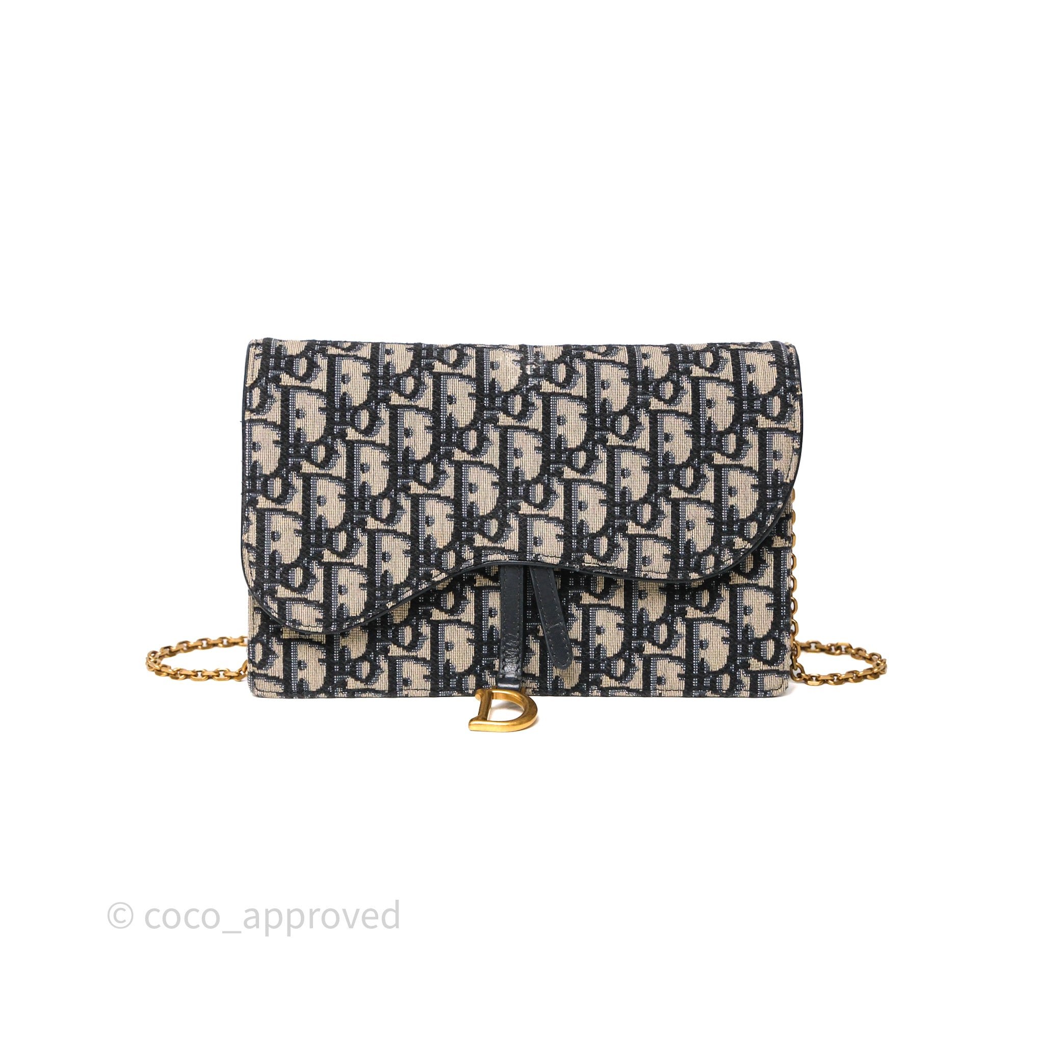 Christian Dior Saddle Pouch Wallet with Chain Blue Dior Oblique Jacquard