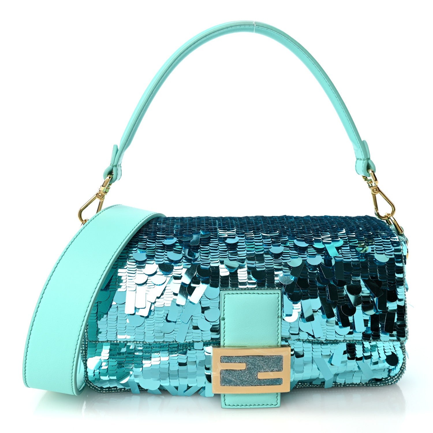 Fendi Sequin Paillettes Vitello Grace Sex and the City Baguette Spring Turquoise