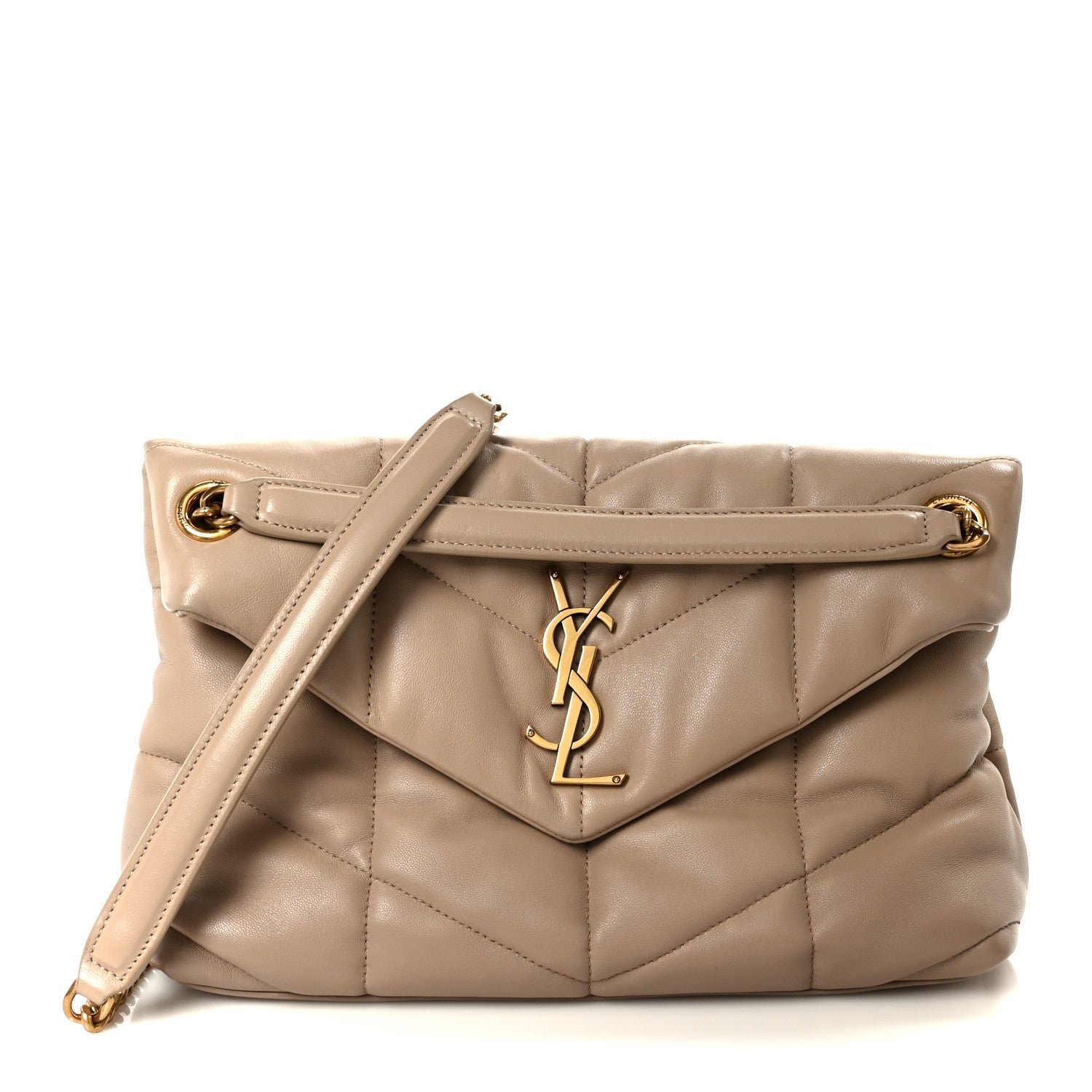 Saint Laurent Lambskin Quilted Small Loulou Puffer Monogram Chain Satchel Dark Beige