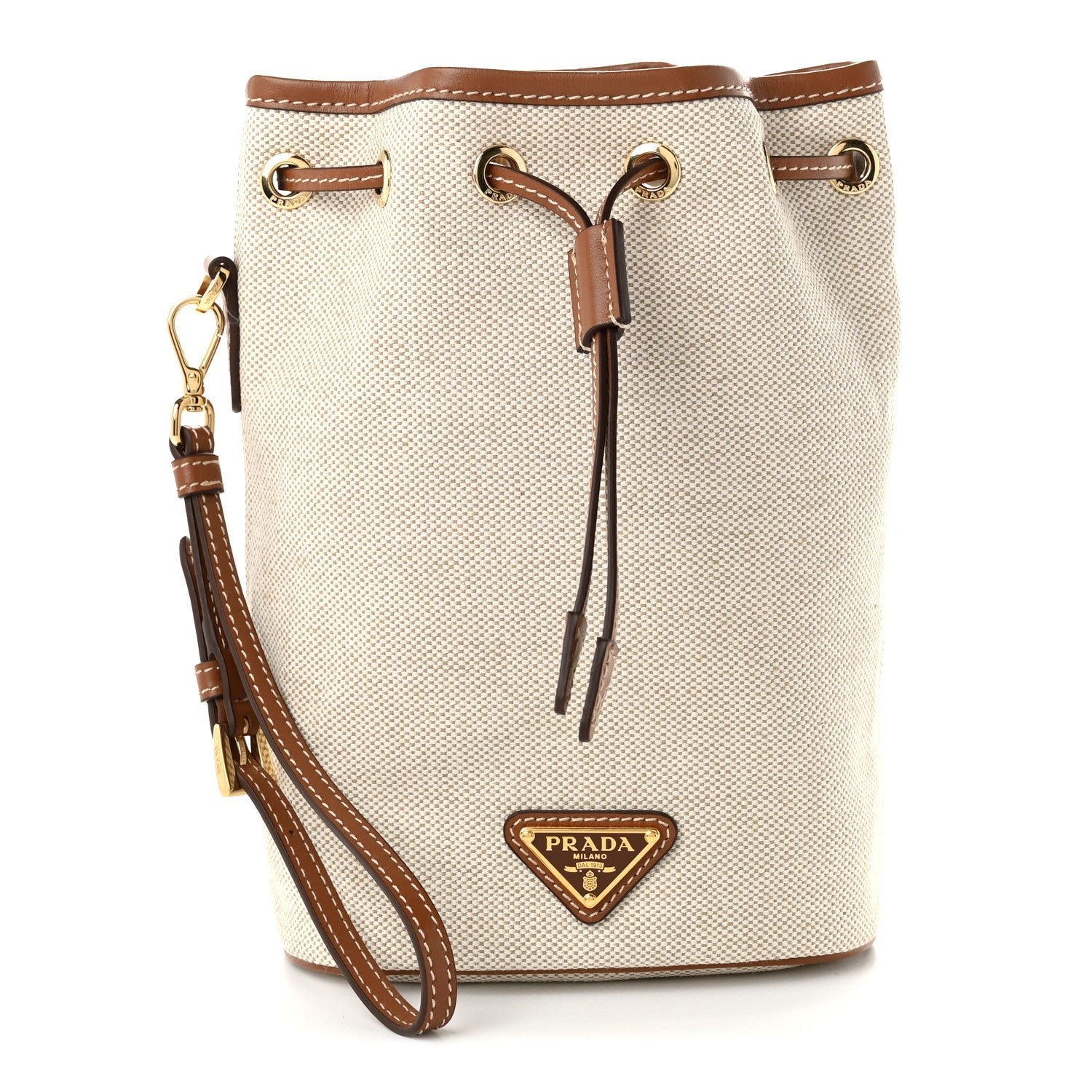Prada Canvas Drawstring Wristlet Pouch Beige Cognac