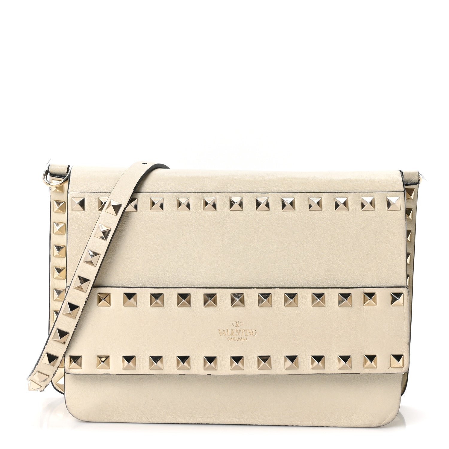 Grained Calfskin Small Rockstud Flap Crossbody Bag Light Ivory