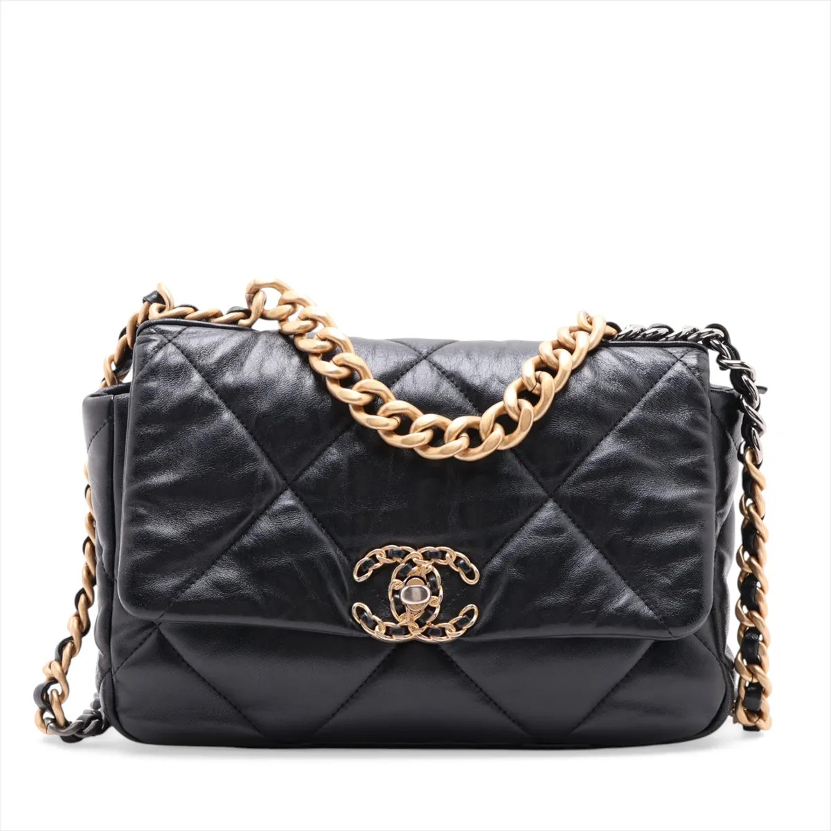 Chanel CHANEL 19 Lambskin Chain Shoulder Bag Black Gold x Silver Metal Fittings