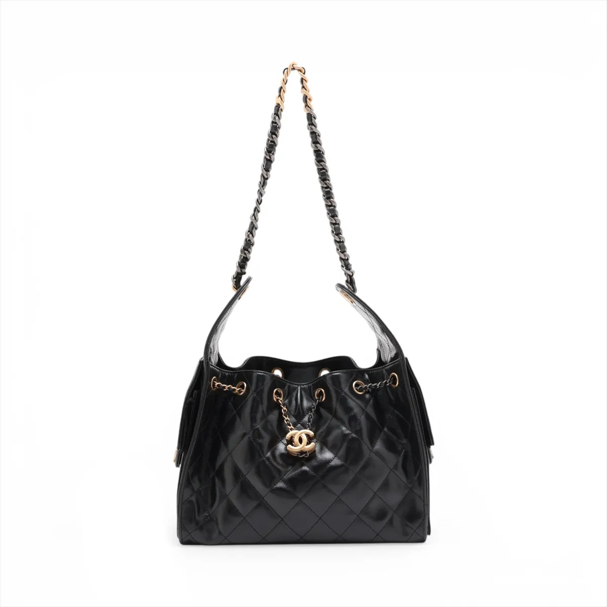Chanel Chanel 25 Small Calfskin Chain Shoulder Bag Black Gold x Silver Metal Fit