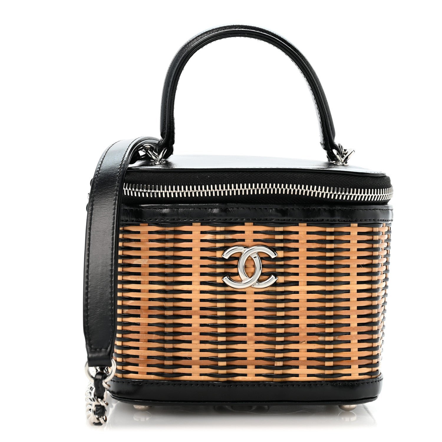 Chanel Calfskin Raffia Small Vanity Case Bag Black Beige