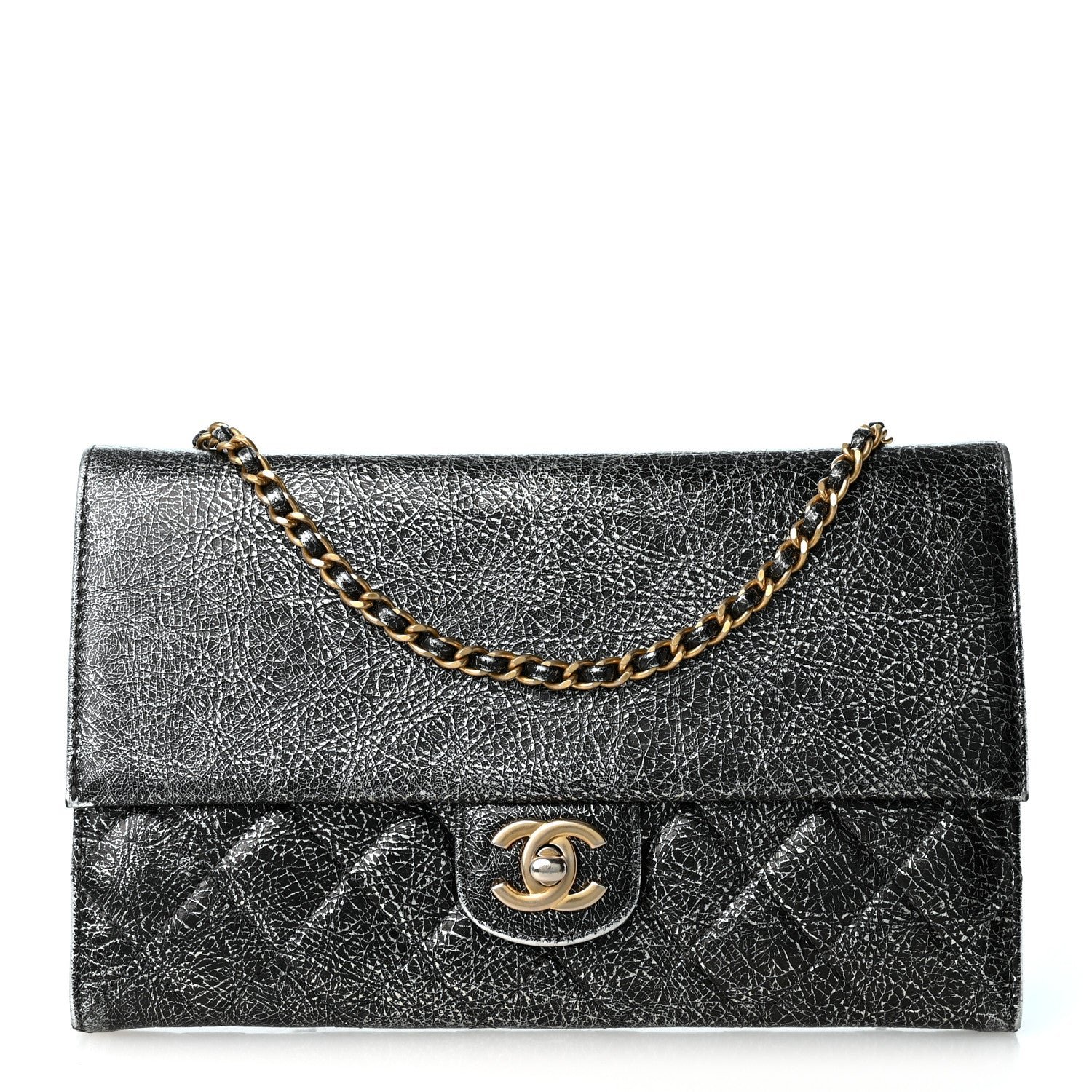 Chanel Cracked Metallic Calfskin Quilted Zip Away Chain Clutch Dark Silver