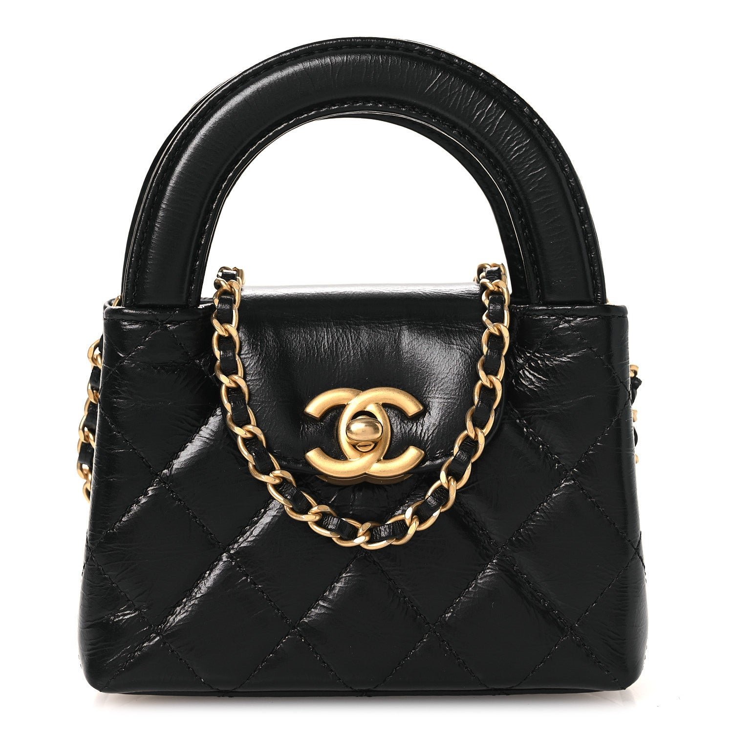 Chanel Shiny Aged Calfskin Quilted Mini Nano Kelly Shopper Black