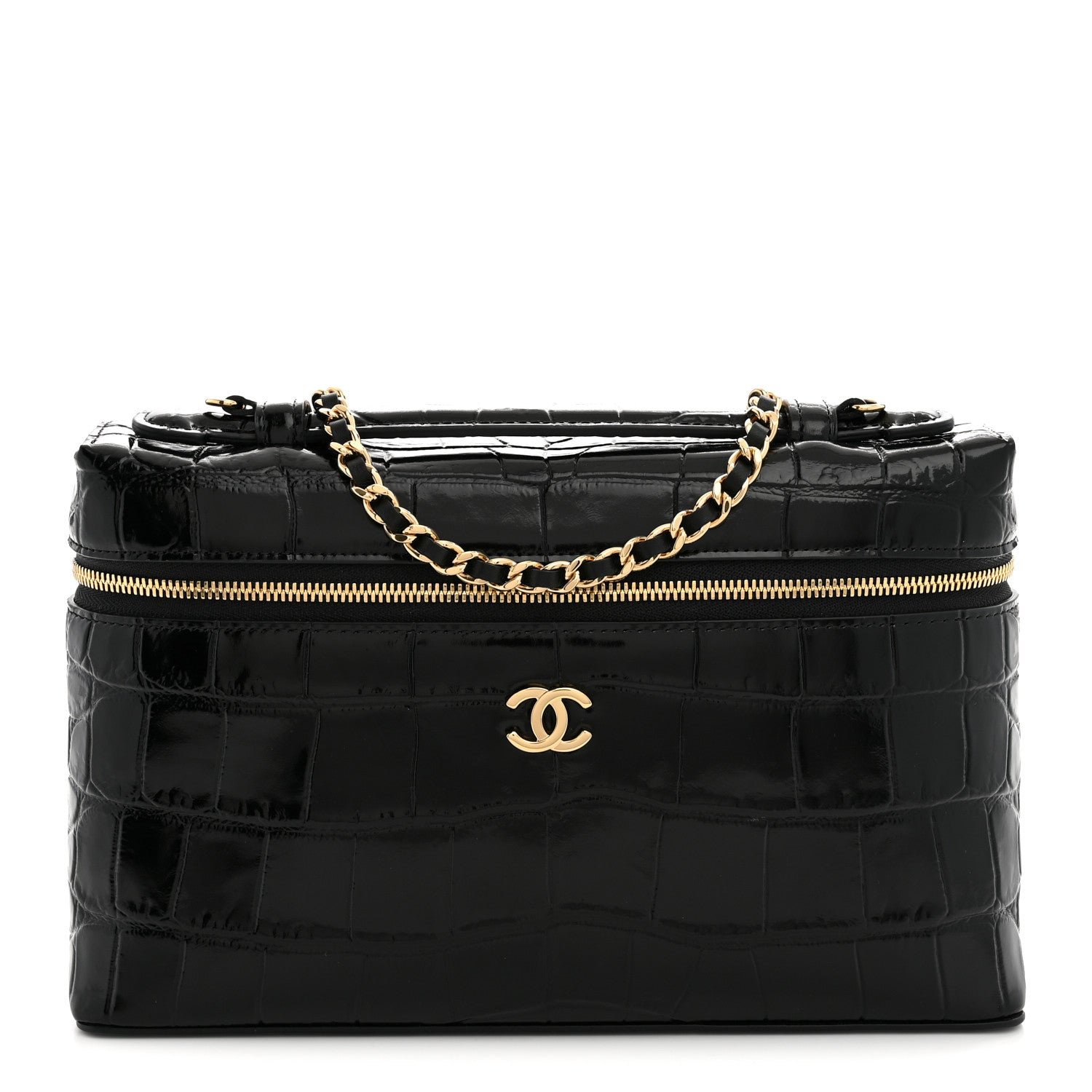 Chanel Calfskin Crocodile Embossed Slim Vanity Case With Chain  Black