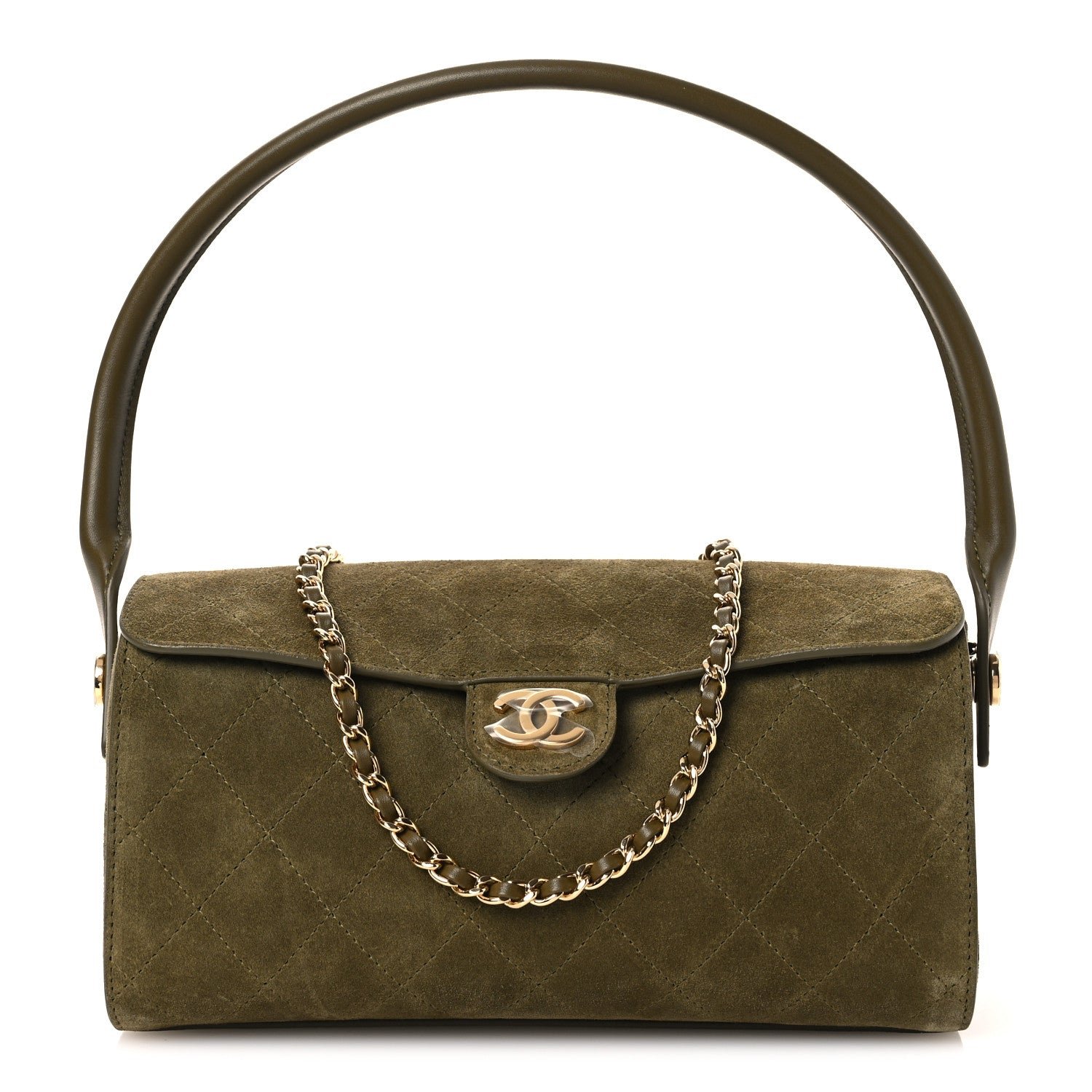 Chanel Suede Quilted Turn Around Clutch With Chain Khaki