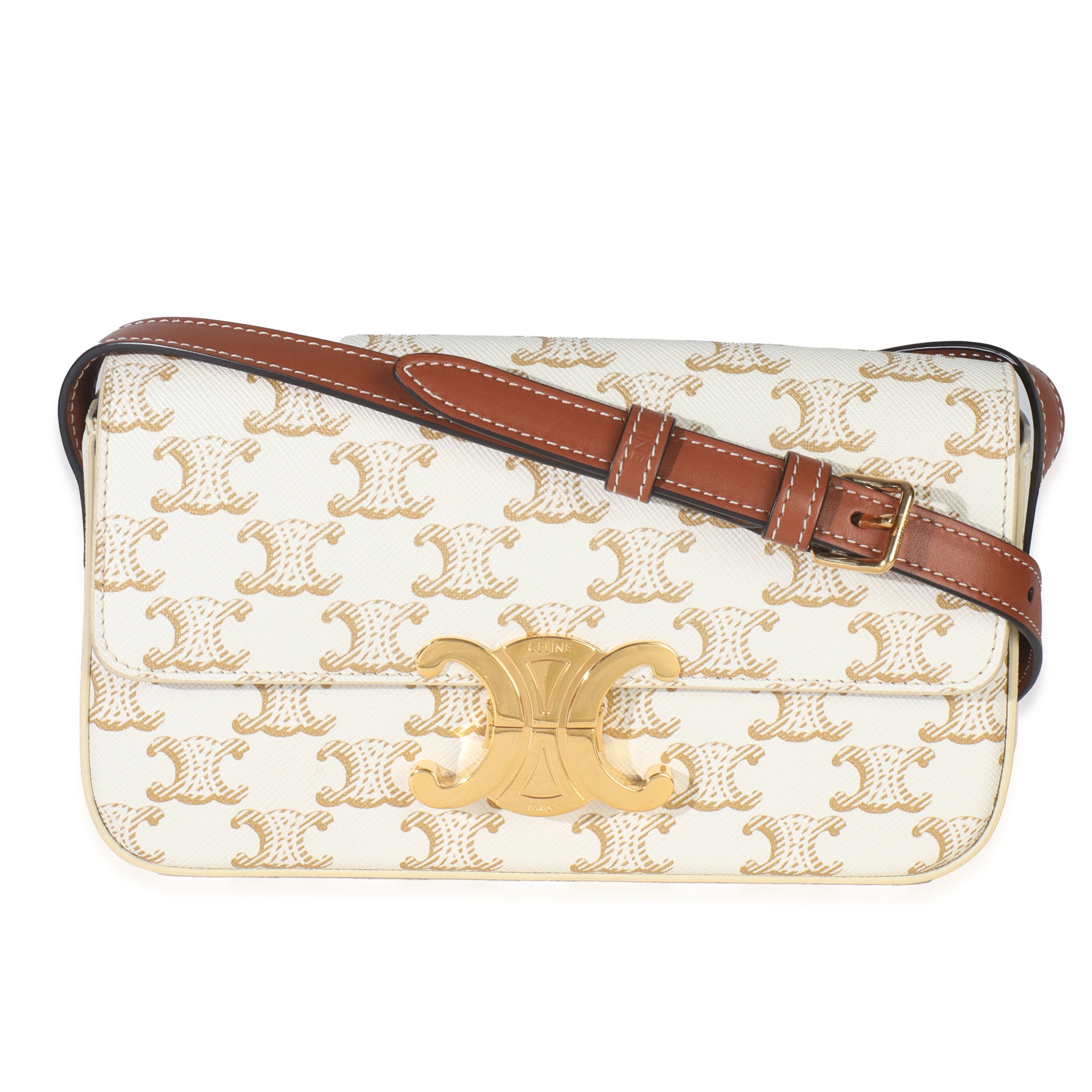 Celine Tan Calfskin White Triomphe Canvas Claude Shoulder Bag