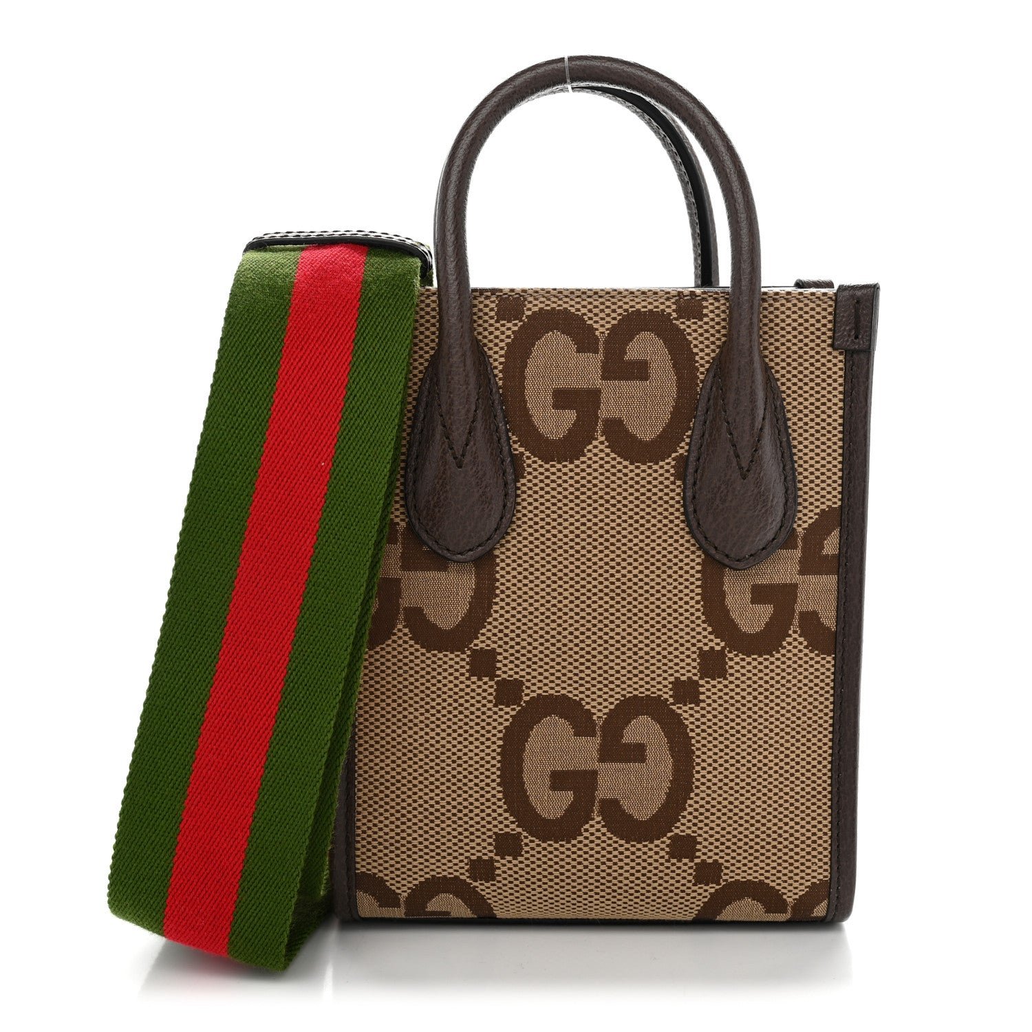 Gucci Monogram Jumbo GG Textured Dollar Calfskin Web Mini Vertical Tote Camel Ebony New Acero