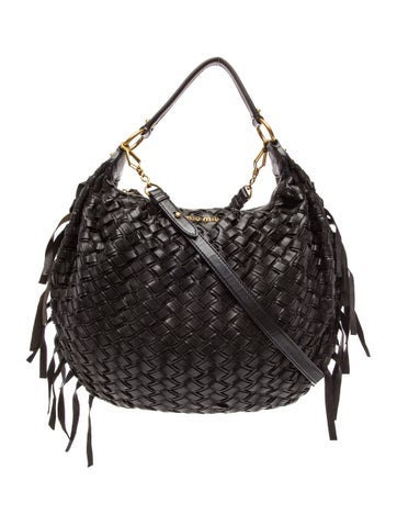 Leather Black Woven Leather Fringe Hobo