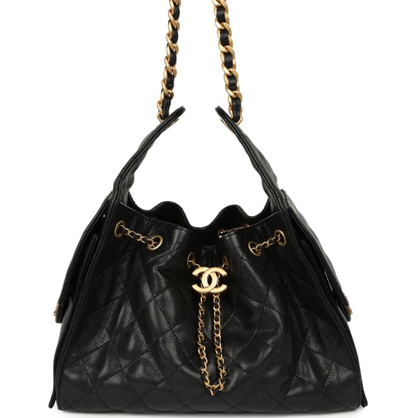 Pre-owned Chanel Small 25 Hobo Bag Black Caviar Antique Gold Hardware
