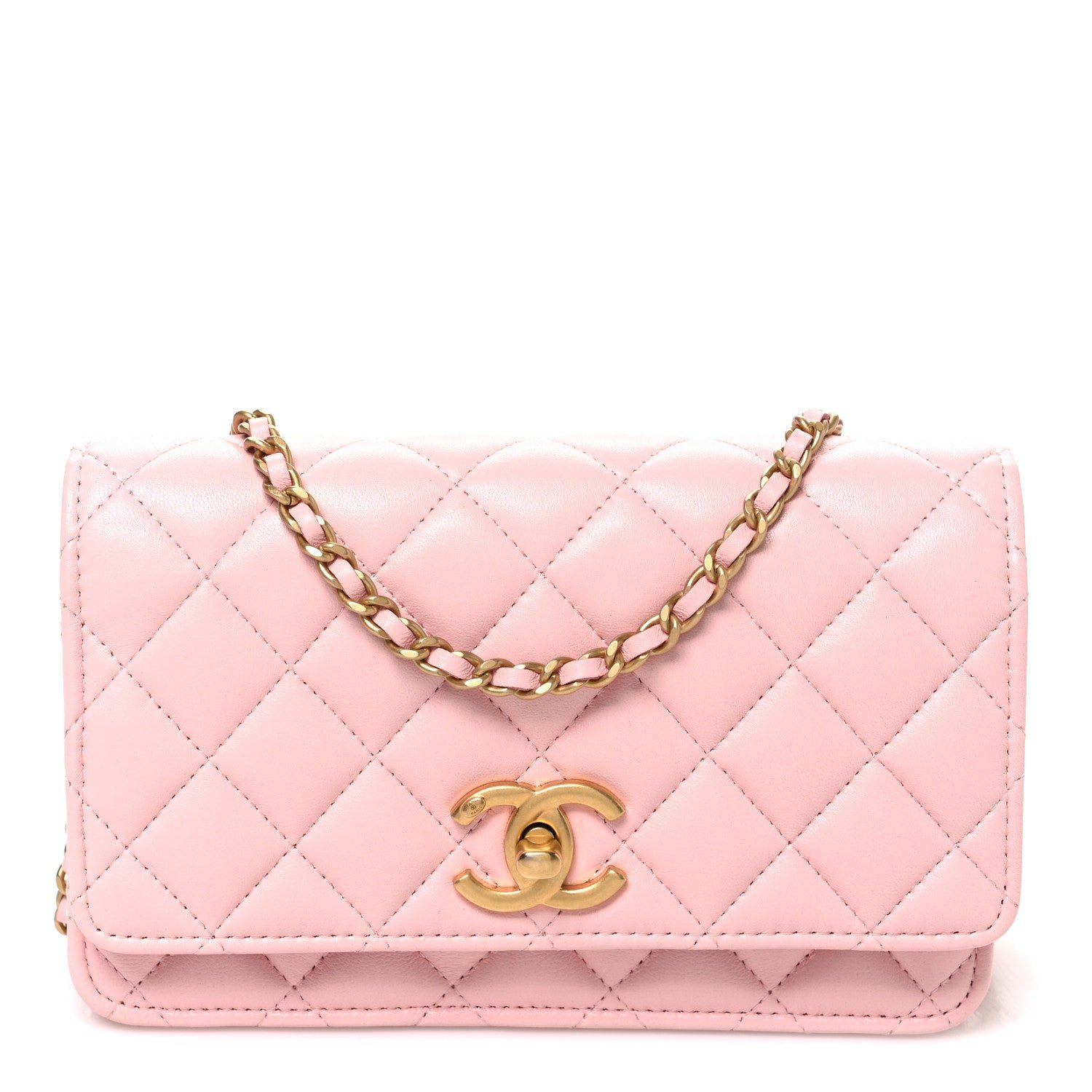 Chanel Shiny Lambskin Quilted CC Slide Wallet On Chain WOC  Light Pink