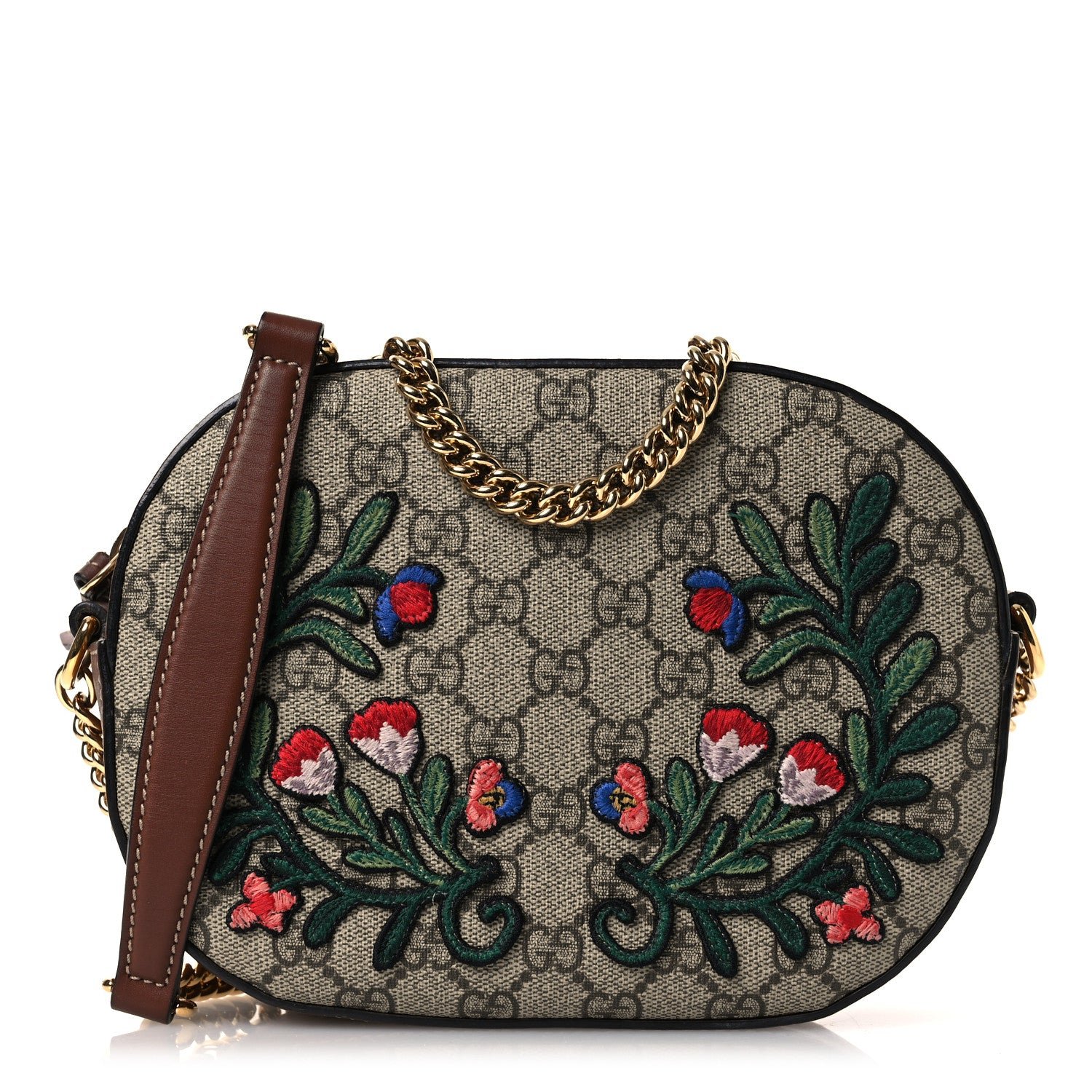 Gucci GG Supreme Monogram Floral Embroidered Mini Chain Shoulder Bag Beige Ebony Tuscany
