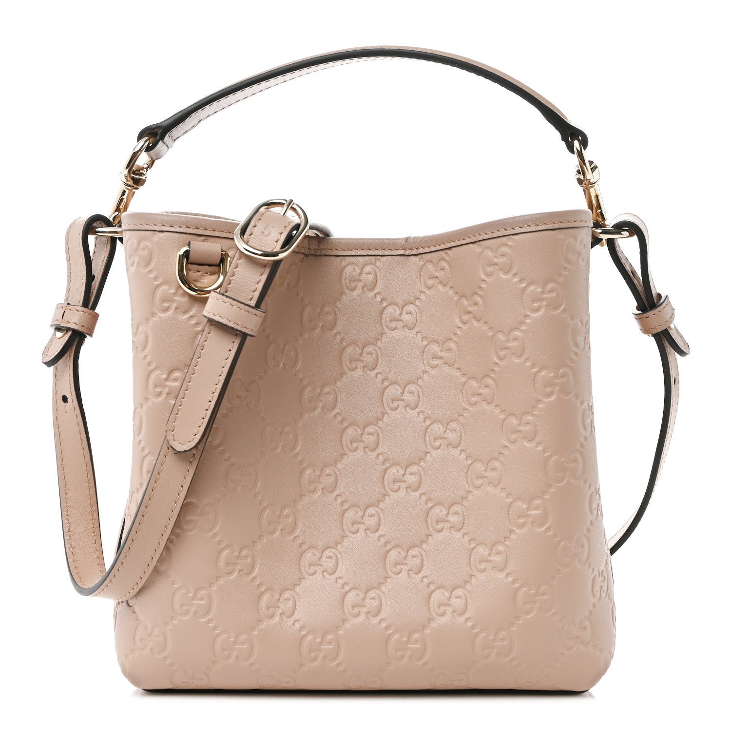 Gucci GG Calfskin Embossed Emblem Small Bucket Bag Taupe