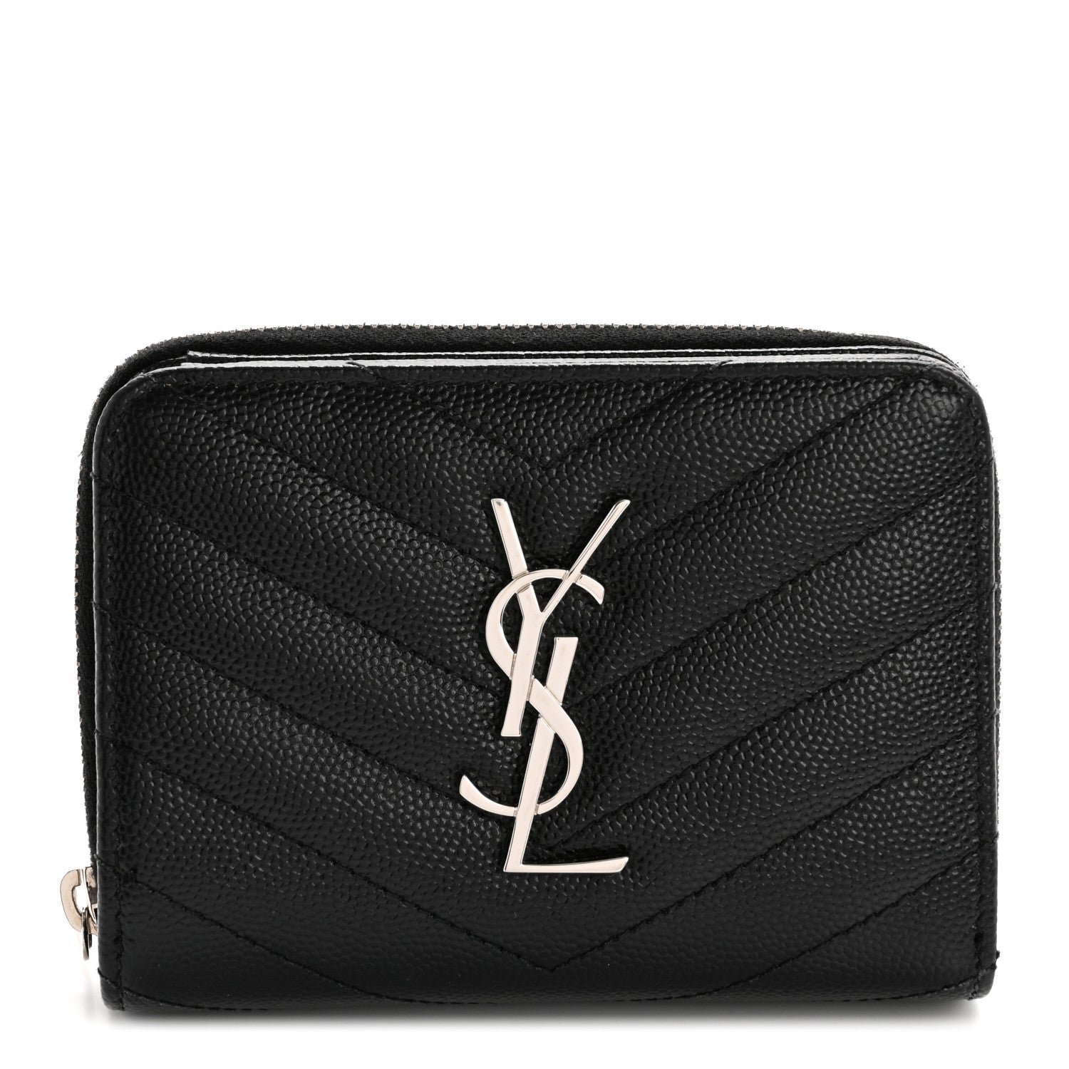 Saint Laurent Grain De Poudre Matelasse Chevron Monogram Compact Zip Around Wallet Black